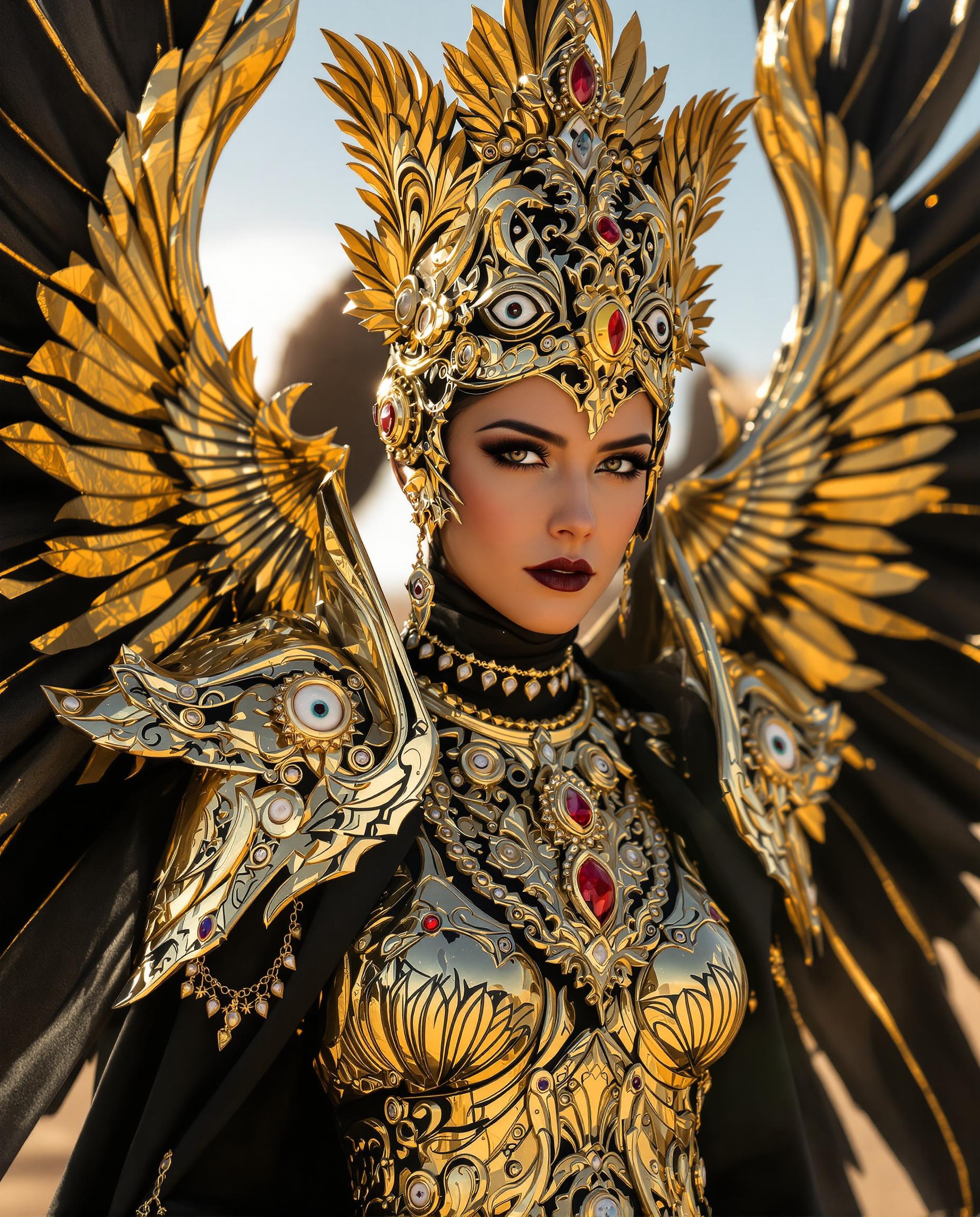 A close-up photorealistic DSLR photograph of a regal female figure in elaborate golden armor and expansive ornate wings with featherlike patterns and eye-like circular motifs, her black clothing contrasting sharply against the gold accented by red jewels, set against a sparse desert landscape under dramatic sunlight casting warm glows and deep shadows for a three-dimensional effect, captured with a 50mm lens, shallow depth of field, cinematic lighting, and ultra-high 8K resolution.