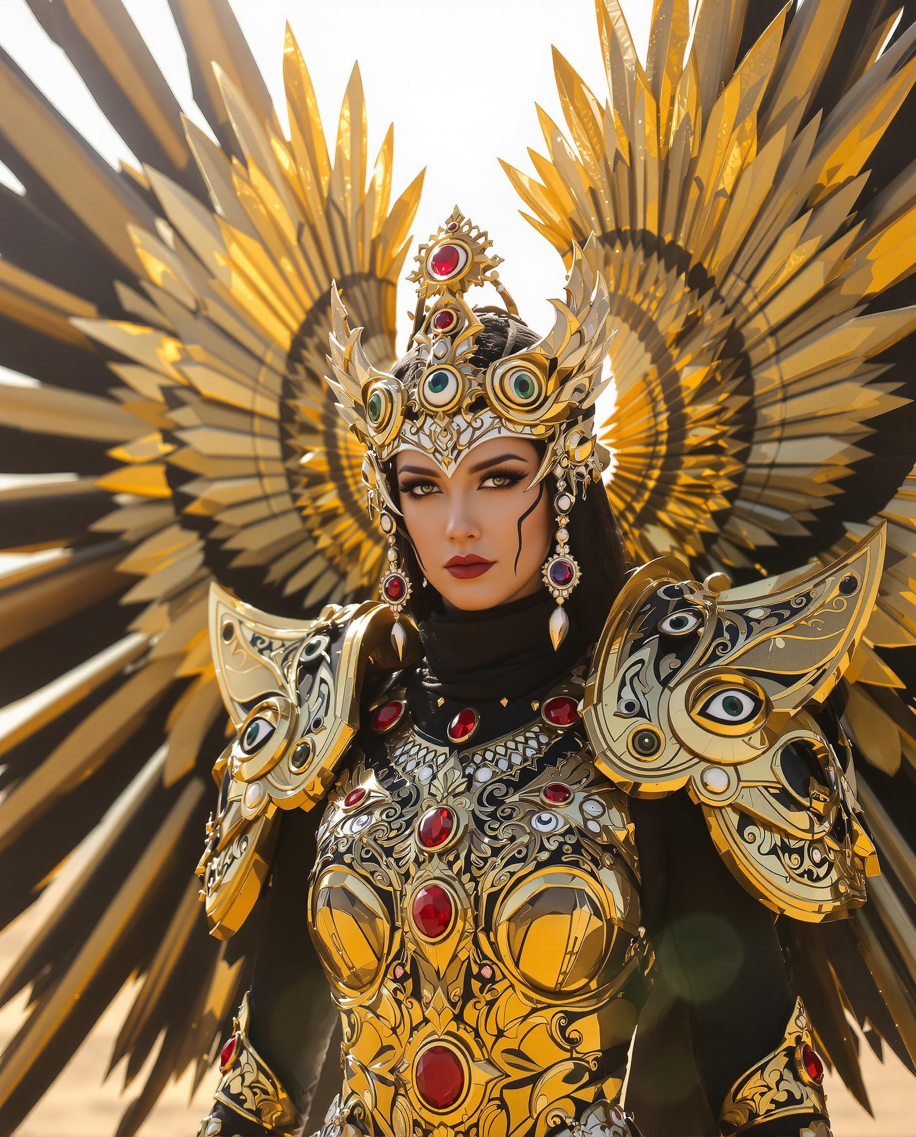 A close-up photorealistic DSLR photograph of a regal female figure in elaborate golden armor and expansive ornate wings with featherlike patterns and eye-like circular motifs, her black clothing contrasting sharply against the gold accented by red jewels, set against a sparse desert landscape under dramatic sunlight casting warm glows and deep shadows for a three-dimensional effect, captured with a 50mm lens, shallow depth of field, cinematic lighting, and ultra-high 8K resolution.