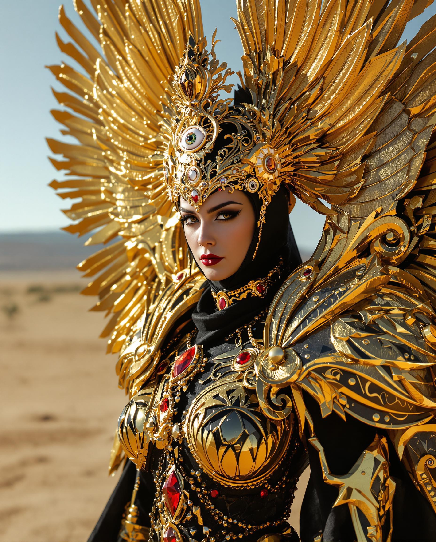 A close-up photorealistic DSLR photograph of a regal female figure in elaborate golden armor and expansive ornate wings with featherlike patterns and eye-like circular motifs, her black clothing contrasting sharply against the gold accented by red jewels, set against a sparse desert landscape under dramatic sunlight casting warm glows and deep shadows for a three-dimensional effect, captured with a 50mm lens, shallow depth of field, cinematic lighting, and ultra-high 8K resolution.