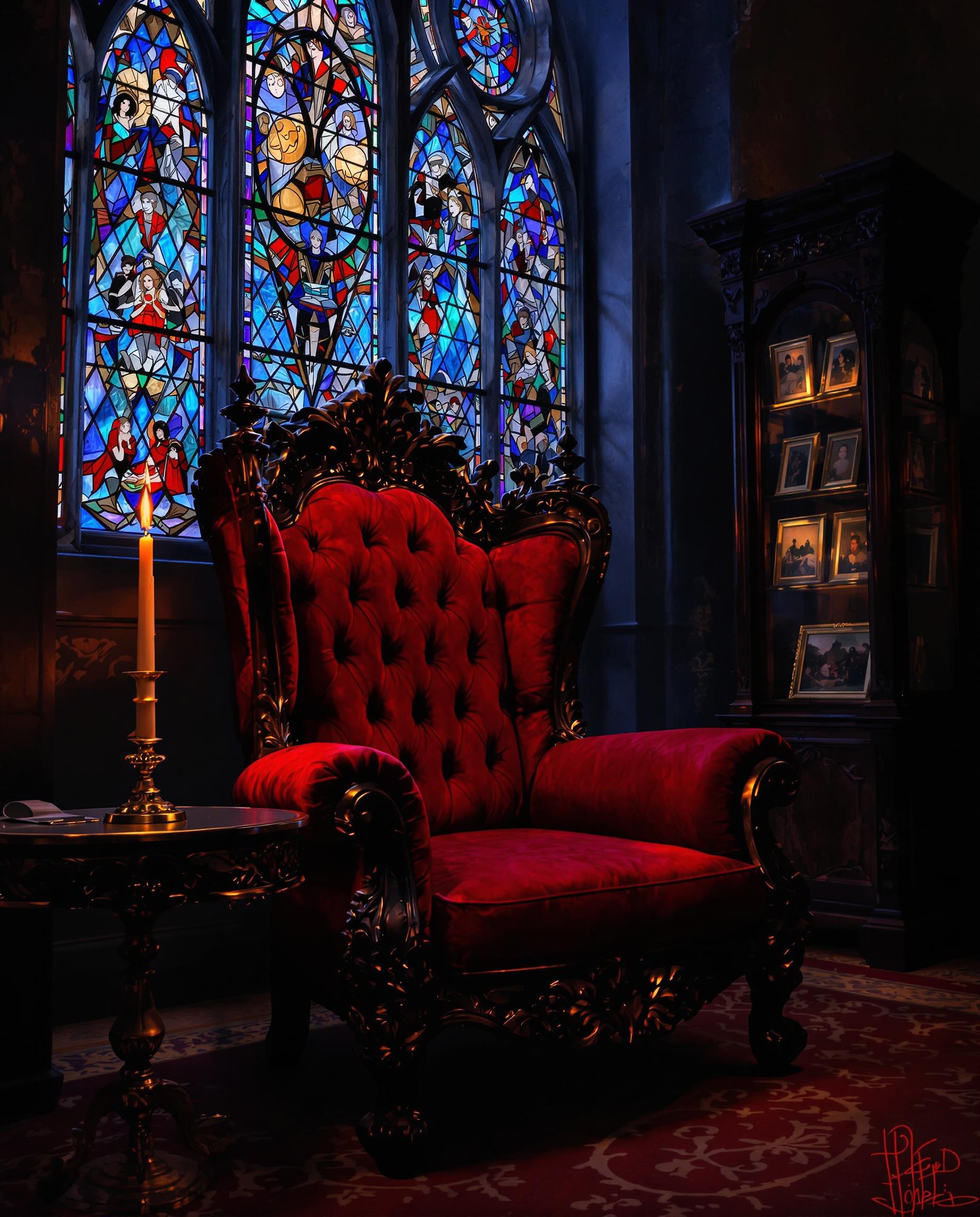This image is a realistic photo (photograph) of a female real person digital artwork that exudes a gothic and fantasy vibe. The art style is reminiscent of high fantasy, with a focus on detailed textures and a rich, atmospheric color palette. The medium appears to be a digital painting, given the smooth blending of colors and the lack of brush strokes.The colors in the image are quite dramatic and moody. The dominant hues are deep reds and blues, which create a sense of foreboding and mystery. The reds are rich and saturated, with a hint of maroon, while the blues are a deep navy, almost black. These colors are set against the intricate patterns of the stained glass window, which adds a touch of elegance and complexity to the composition.The objects in the image are numerous and contribute to the overall atmosphere. At the center is a sumptuous, red velvet armchair with ornate wooden carvings. The chairs upholstery is plush and appears to be in excellent condition, suggesting a sense of luxury and power. The chairs design is reminiscent of baroque furniture, with curved lines and elaborate scrollwork.On the left side of the chair, there is a small, round side table with a gilded frame. Atop the table sits a tall, slender candlestick with a lit candle, casting a warm, flickering light that contrasts with the cool tones of the room. The candle adds a sense of intimacy and warmth to the otherwise cold and imposing setting.Behind the chair, there is a large, stained glass window that dominates the back wall. The window is filled with intricate designs and patterns, primarily in shades of blue and red, with hints of green and yellow. The light filtering through the window creates a play of light and shadow across the room, adding depth and dimension to the space.On the right side of the chair, there is a tall, dark wooden cabinet with glass doors. Inside the cabinet, there are several framed pictures, each depicting different scenes and characters. The cabinet adds a sense of history and personalization to the room, suggesting that the occupant has a taste for the arts and perhaps a collection of memories.The floor is covered in a patterned carpet that complements the overall aesthetic of the room. The carpets design is simple yet elegant, with a repeating motif that ties the room together.Overall, the image is a rich tapestry of textures, colors, and objects that come together to create a compelling and immersive fantasy scene.