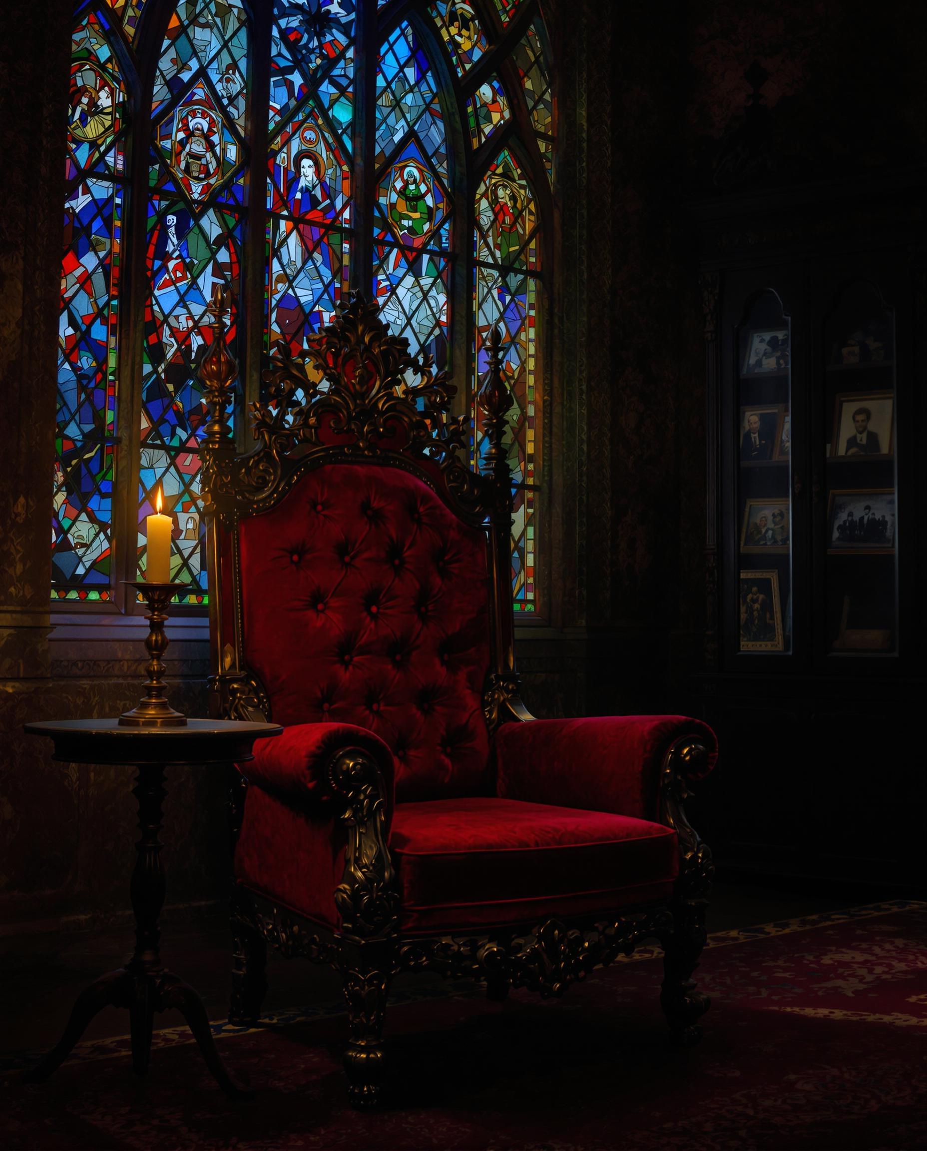 This image is a realistic photo (photograph) of a female real person digital artwork that exudes a gothic and fantasy vibe. The art style is reminiscent of high fantasy, with a focus on detailed textures and a rich, atmospheric color palette. The medium appears to be a digital painting, given the smooth blending of colors and the lack of brush strokes.The colors in the image are quite dramatic and moody. The dominant hues are deep reds and blues, which create a sense of foreboding and mystery. The reds are rich and saturated, with a hint of maroon, while the blues are a deep navy, almost black. These colors are set against the intricate patterns of the stained glass window, which adds a touch of elegance and complexity to the composition.The objects in the image are numerous and contribute to the overall atmosphere. At the center is a sumptuous, red velvet armchair with ornate wooden carvings. The chairs upholstery is plush and appears to be in excellent condition, suggesting a sense of luxury and power. The chairs design is reminiscent of baroque furniture, with curved lines and elaborate scrollwork.On the left side of the chair, there is a small, round side table with a gilded frame. Atop the table sits a tall, slender candlestick with a lit candle, casting a warm, flickering light that contrasts with the cool tones of the room. The candle adds a sense of intimacy and warmth to the otherwise cold and imposing setting.Behind the chair, there is a large, stained glass window that dominates the back wall. The window is filled with intricate designs and patterns, primarily in shades of blue and red, with hints of green and yellow. The light filtering through the window creates a play of light and shadow across the room, adding depth and dimension to the space.On the right side of the chair, there is a tall, dark wooden cabinet with glass doors. Inside the cabinet, there are several framed pictures, each depicting different scenes and characters. The cabinet adds a sense of history and personalization to the room, suggesting that the occupant has a taste for the arts and perhaps a collection of memories.The floor is covered in a patterned carpet that complements the overall aesthetic of the room. The carpets design is simple yet elegant, with a repeating motif that ties the room together.Overall, the image is a rich tapestry of textures, colors, and objects that come together to create a compelling and immersive fantasy scene.