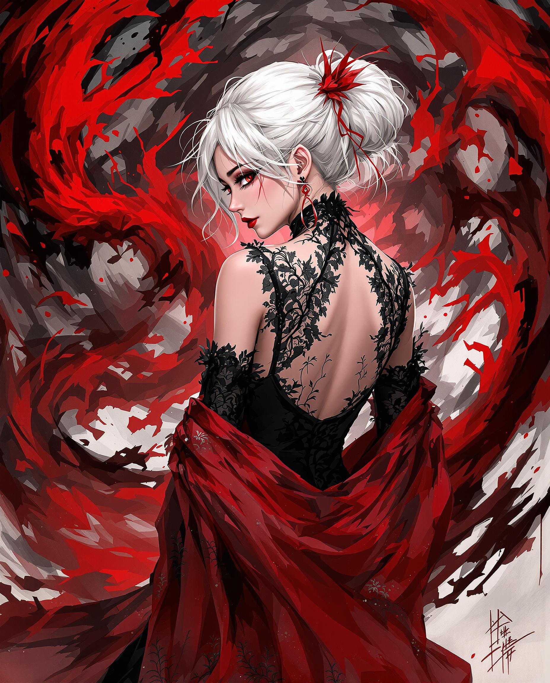This is a realistic photo (photograph) of a female real person illustration that features a character with a predominantly white hair color, styled in a messy bun with strands flowing loosely around the head. The hair is adorned with a red accessory that seems to be a hair tie or ornament, adding a pop of color to the otherwise monochromatic hair. The character is wearing a black, formfitting top with intricate lace detailing on the back and shoulders, giving a gothic or Victorian vibe. The top is lowcut, revealing the collarbones and upper chest, and is paired with a red garment that drapes elegantly around the waist and falls to midthigh, with a similar lace detailing and floral patterns. The red garment has a translucent quality, allowing the skin tone to show through in certain areas.The art style is digital, with a high level of detail and shading that gives the image a threedimensional effect. The medium appears to be a combination of digital painting and illustration techniques, with a focus on smooth color gradients and precise line work. The use of lighting and shadow in the image creates a dramatic and moody atmosphere.The colors in the image are quite striking, with a dominant red and black palette. The reds range from a deep crimson to a bright scarlet, creating a sense of passion and intensity. The blacks are deep and rich, providing a stark contrast to the reds and highlighting the details of the lace and patterns. The white hair and skin tones act as a neutral balance to the vibrant colors, drawing the eye and adding to the overall dramatic effect.In the background, there is a chaotic swirl of red and black, reminiscent of a stormy sky or a tumultuous sea. This adds to the overall sense of drama and intensity in the image. The red and black shapes are fluid and organic, with jagged edges and a sense of movement, as if they are swirling around the character. The red and black shapes are also reminiscent of a dragon or a monstrous creature, which could be interpreted as a metaphor for power or chaos.Overall, the image is a powerful and dramatic piece of digital art that combines gothic elements with a sense of otherworldly chaos. The use of color, lighting, and composition creates a compelling visual narrative that is both beautiful and intense.