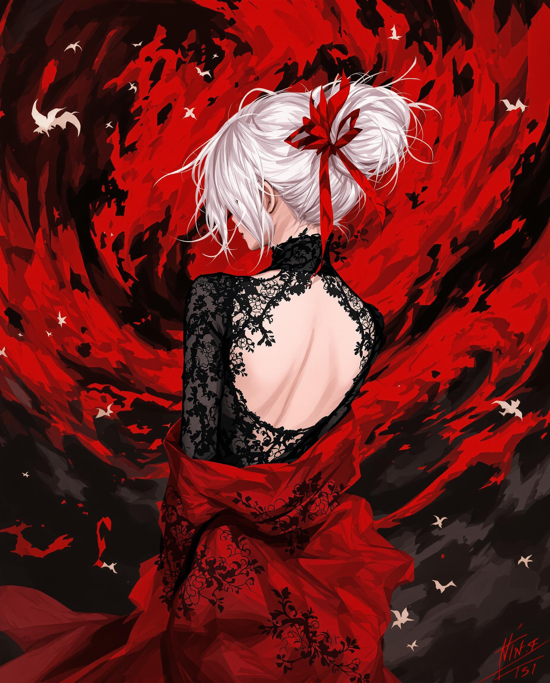 This is a realistic photo (photograph) of a female real person illustration that features a character with a predominantly white hair color, styled in a messy bun with strands flowing loosely around the head. The hair is adorned with a red accessory that seems to be a hair tie or ornament, adding a pop of color to the otherwise monochromatic hair. The character is wearing a black, formfitting top with intricate lace detailing on the back and shoulders, giving a gothic or Victorian vibe. The top is lowcut, revealing the collarbones and upper chest, and is paired with a red garment that drapes elegantly around the waist and falls to midthigh, with a similar lace detailing and floral patterns. The red garment has a translucent quality, allowing the skin tone to show through in certain areas.The art style is digital, with a high level of detail and shading that gives the image a threedimensional effect. The medium appears to be a combination of digital painting and illustration techniques, with a focus on smooth color gradients and precise line work. The use of lighting and shadow in the image creates a dramatic and moody atmosphere.The colors in the image are quite striking, with a dominant red and black palette. The reds range from a deep crimson to a bright scarlet, creating a sense of passion and intensity. The blacks are deep and rich, providing a stark contrast to the reds and highlighting the details of the lace and patterns. The white hair and skin tones act as a neutral balance to the vibrant colors, drawing the eye and adding to the overall dramatic effect.In the background, there is a chaotic swirl of red and black, reminiscent of a stormy sky or a tumultuous sea. This adds to the overall sense of drama and intensity in the image. The red and black shapes are fluid and organic, with jagged edges and a sense of movement, as if they are swirling around the character. The red and black shapes are also reminiscent of a dragon or a monstrous creature, which could be interpreted as a metaphor for power or chaos.Overall, the image is a powerful and dramatic piece of digital art that combines gothic elements with a sense of otherworldly chaos. The use of color, lighting, and composition creates a compelling visual narrative that is both beautiful and intense.