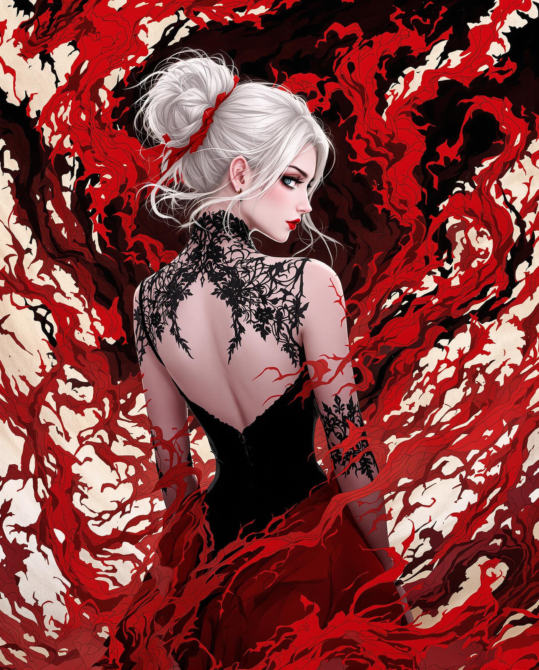 This is a realistic photo (photograph) of a female real person illustration that features a character with a predominantly white hair color, styled in a messy bun with strands flowing loosely around the head. The hair is adorned with a red accessory that seems to be a hair tie or ornament, adding a pop of color to the otherwise monochromatic hair. The character is wearing a black, formfitting top with intricate lace detailing on the back and shoulders, giving a gothic or Victorian vibe. The top is lowcut, revealing the collarbones and upper chest, and is paired with a red garment that drapes elegantly around the waist and falls to midthigh, with a similar lace detailing and floral patterns. The red garment has a translucent quality, allowing the skin tone to show through in certain areas.The art style is digital, with a high level of detail and shading that gives the image a threedimensional effect. The medium appears to be a combination of digital painting and illustration techniques, with a focus on smooth color gradients and precise line work. The use of lighting and shadow in the image creates a dramatic and moody atmosphere.The colors in the image are quite striking, with a dominant red and black palette. The reds range from a deep crimson to a bright scarlet, creating a sense of passion and intensity. The blacks are deep and rich, providing a stark contrast to the reds and highlighting the details of the lace and patterns. The white hair and skin tones act as a neutral balance to the vibrant colors, drawing the eye and adding to the overall dramatic effect.In the background, there is a chaotic swirl of red and black, reminiscent of a stormy sky or a tumultuous sea. This adds to the overall sense of drama and intensity in the image. The red and black shapes are fluid and organic, with jagged edges and a sense of movement, as if they are swirling around the character. The red and black shapes are also reminiscent of a dragon or a monstrous creature, which could be interpreted as a metaphor for power or chaos.Overall, the image is a powerful and dramatic piece of digital art that combines gothic elements with a sense of otherworldly chaos. The use of color, lighting, and composition creates a compelling visual narrative that is both beautiful and intense.
