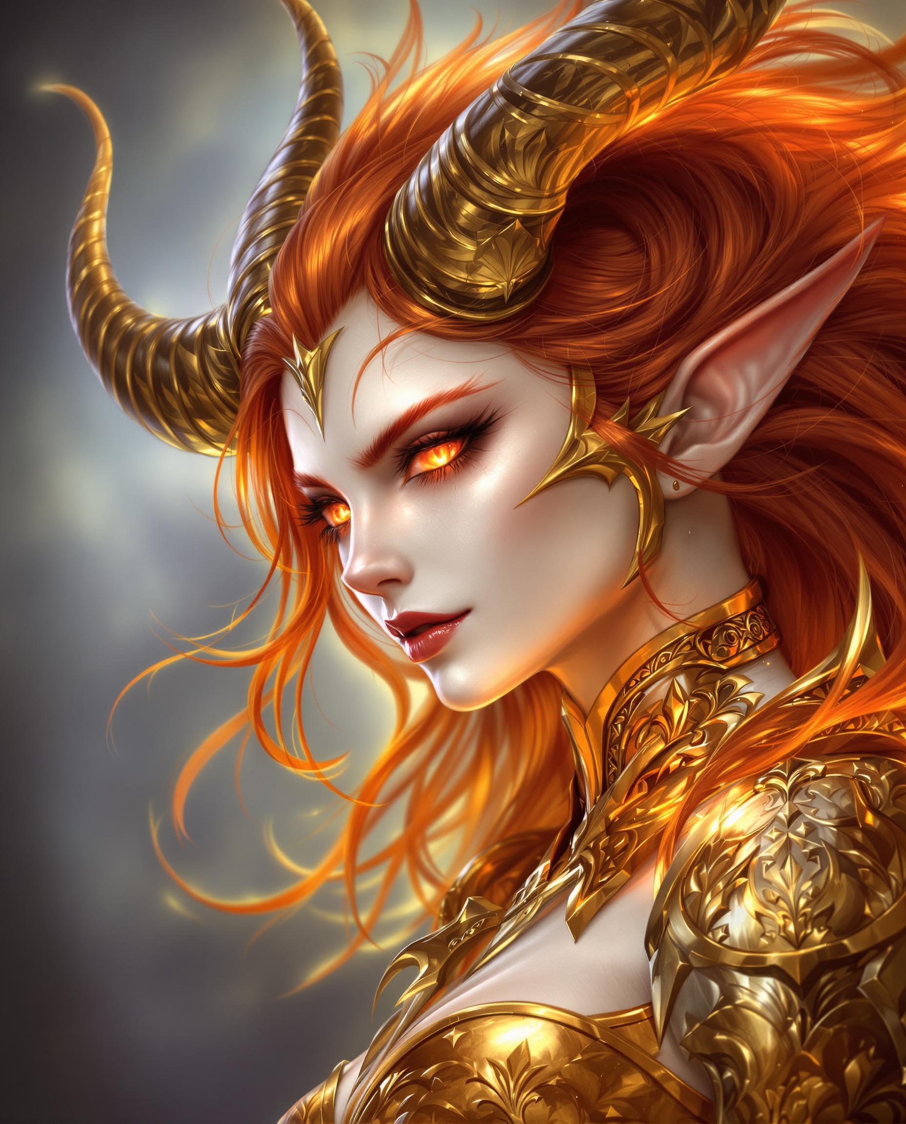A close-up realistic photograph of a female figure with dragon-like features, captured in a fantasy digital painting style with detailed line work, smooth color gradients, and dramatic light and shadow for a three-dimensional effect. She has long flowing red hair with golden highlights, protruding horns, pale white skin covered in shimmering fiery scales, glowing red eyes, and wears ornate golden armor