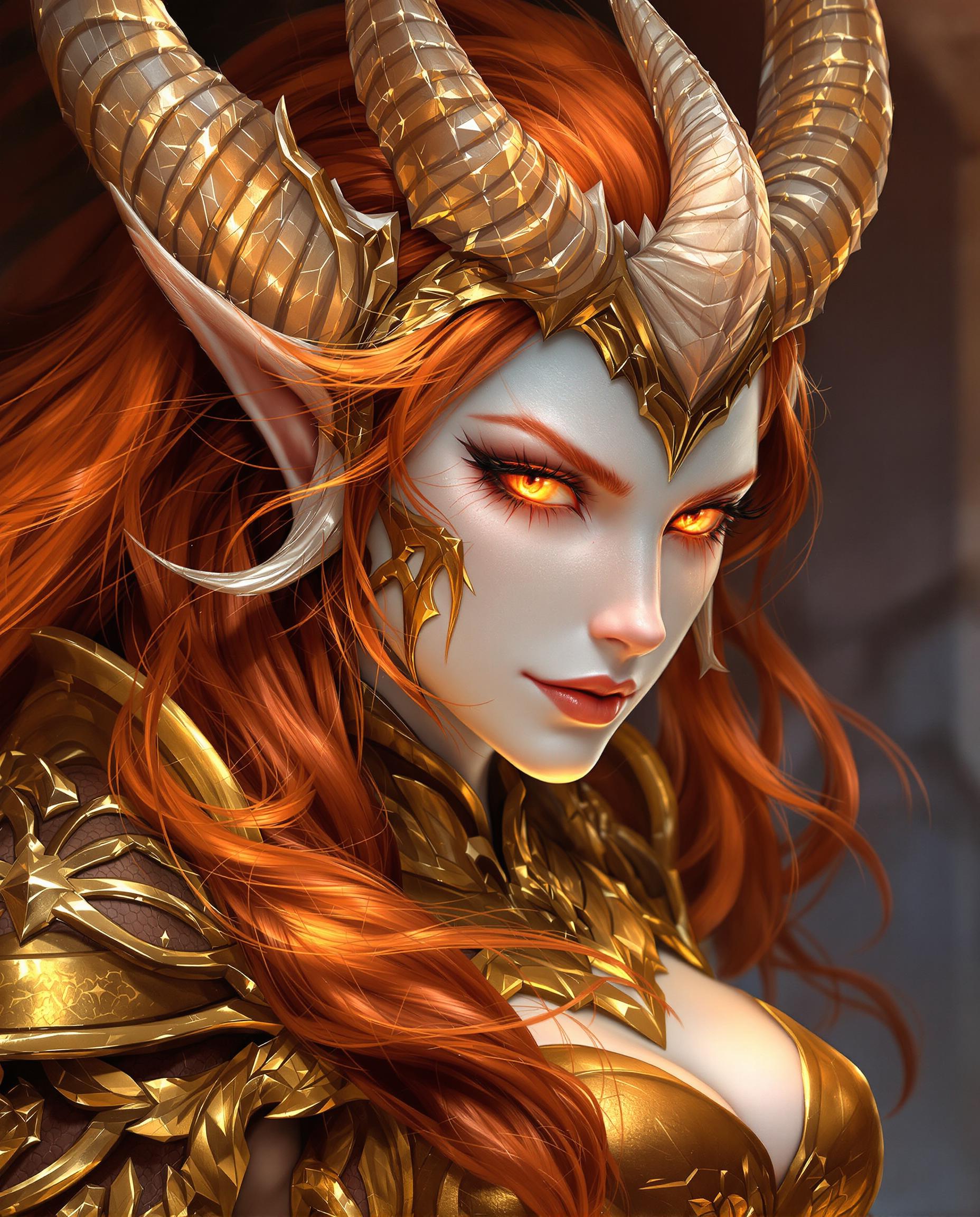 A close-up realistic photograph of a female figure with dragon-like features, captured in a fantasy digital painting style with detailed line work, smooth color gradients, and dramatic light and shadow for a three-dimensional effect. She has long flowing red hair with golden highlights, protruding horns, pale white skin covered in shimmering fiery scales, glowing red eyes, and wears ornate golden armor