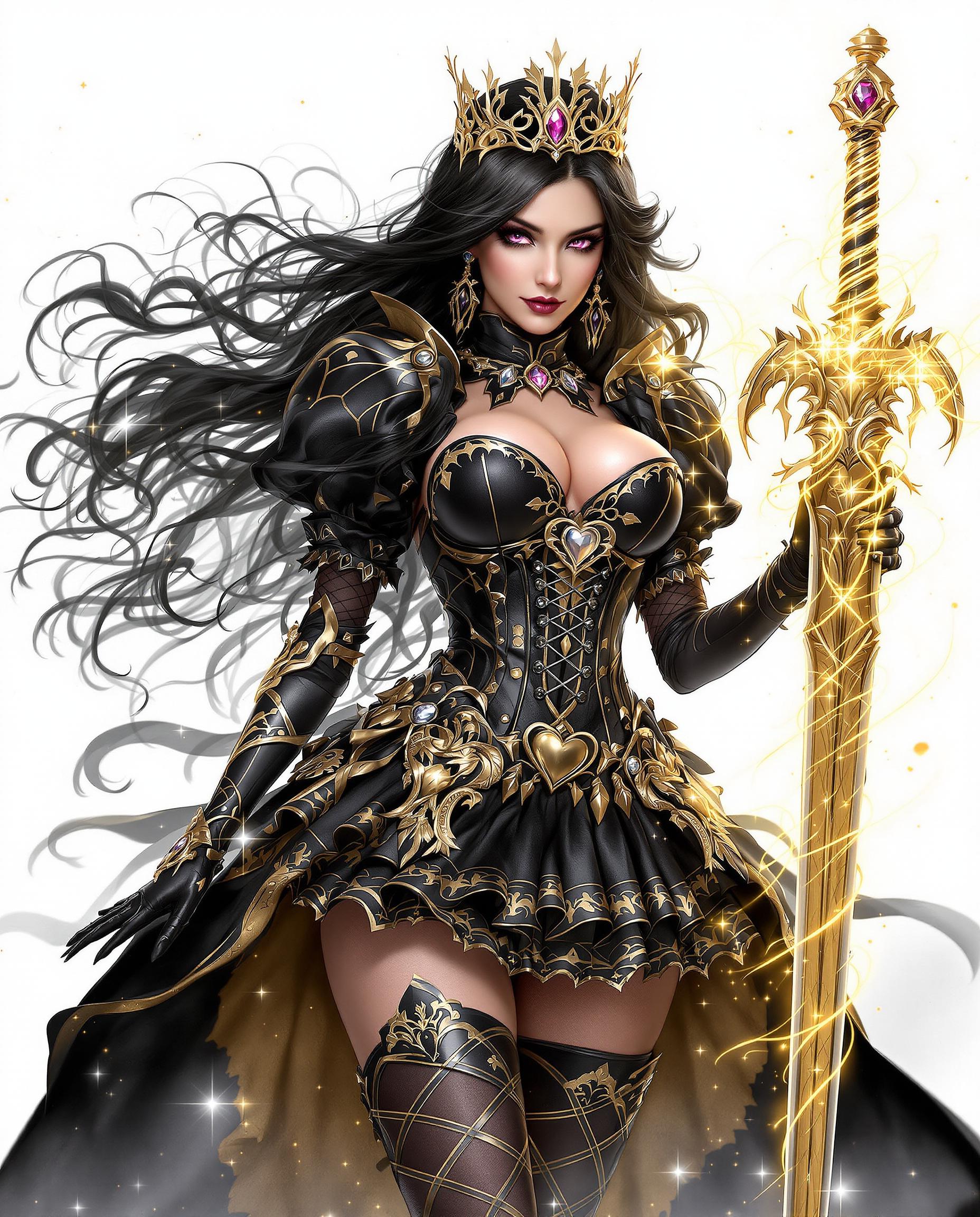 A highly detailed realistic photograph of a striking young woman with long, flowing black hair cascading in wavy strands, adorned with a jewel-embedded golden crown, sharp intense purple eyes gazing confidently at the viewer, fair skin, and a voluptuous figure. She wears an elaborate black and gold outfit blending Victorian gothic dress and armor, featuring a form-fitting bodice with gold trimmings, lace-up front exposing cleavage, dramatic puffed sleeves, high collar, heart-shaped belt buckle, short frilled skirt, thigh-high stockings with garters, glossy black high-heeled boots, and gloves, dynamically posing with one arm extended wielding an ornate golden rapier with gleaming magical energy trails on the blade. Set against a soft white void with subtle sparkling particles and ethereal wisps,