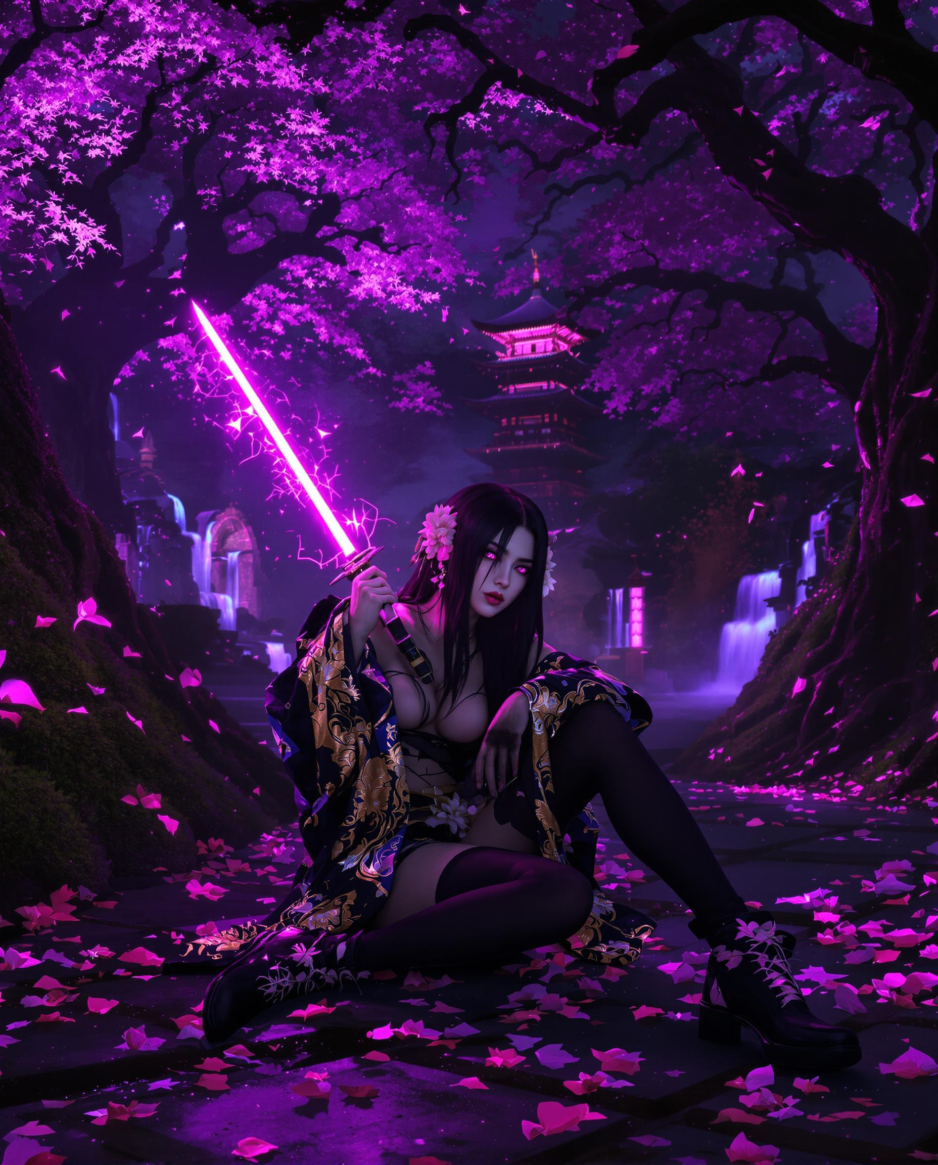 A highly detailed realistic photo (photograph) of a female real person in a vibrant neon realistic style, featuring a mysterious young woman with long flowing black hair adorned with a pink flower ornament, piercing purple eyes, and a serene yet intense expression. She is seated on the ground in a mystical enchanted forest at night, surrounded by glowing purple foliage, floating pink petals, and ethereal bioluminescent particles. She wears a tattered black kimono with intricate gold and purple patterns, torn sleeves revealing pale skin, black thigh-high stockings with ornate designs, and elegant black boots. Over her shoulder, she casually holds a sleek katana with a glowing pink energy blade that emits a radiant neon aura, casting soft purple highlights on her figure and the surroundings. In the background, a traditional Japanese pagoda looms amidst twisted trees and misty purple haze, with subtle waterfalls and stone paths adding depth. The color palette dominates with deep purples, vibrant pinks, and blacks, accented by glowing cyan and magenta lights for a cyberpunk-fantasy atmosphere, high contrast, sharp details, dynamic lighting, and a sense of quiet power and otherworldliness, ultra-high resolution, 8k quality.