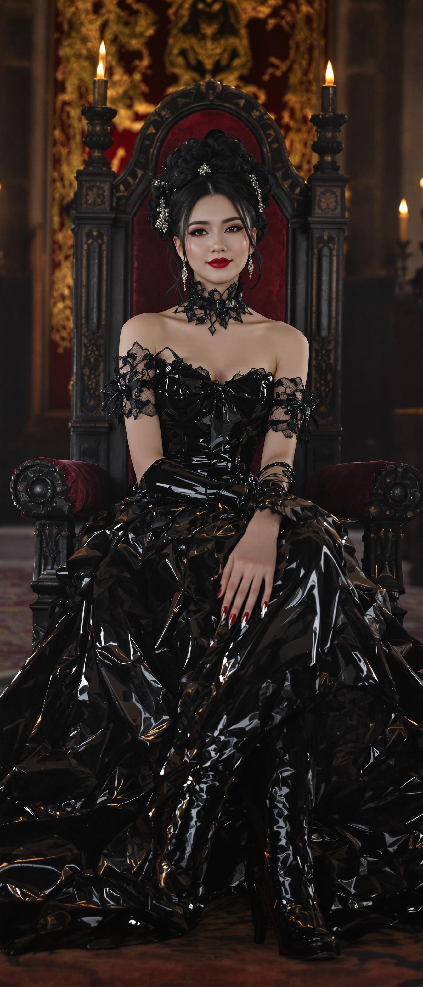 A hyper-realistic portrait of a young, elegant Chinese woman exuding timeless sensuality, dressed in a Victorian-era Lolita gown of glossy black latex that reflects light with liquid-like brilliance, highlighting every detailed ruffle and bow, paired with dark red lace gloves and shiny latex ankle boots with 6-inch chunky heels and polished silver buckles. Her romantic black updo with cascading curls frames her angelic face, adorned with quirky wire-rimmed glasses and a warm, approachable smile, as she sits gracefully on a velvet couch in a grand medieval throne room, captured from a low angle with cinematic depth of field using a 50mm lens in 8K detail. The opulent stone walls, ancient tapestries, flickering torchlight casting golden glows, and eerie demonic figures lurking in the shadowy background create a nostalgic, high-contrast atmosphere of serene beauty and dramatic tension.