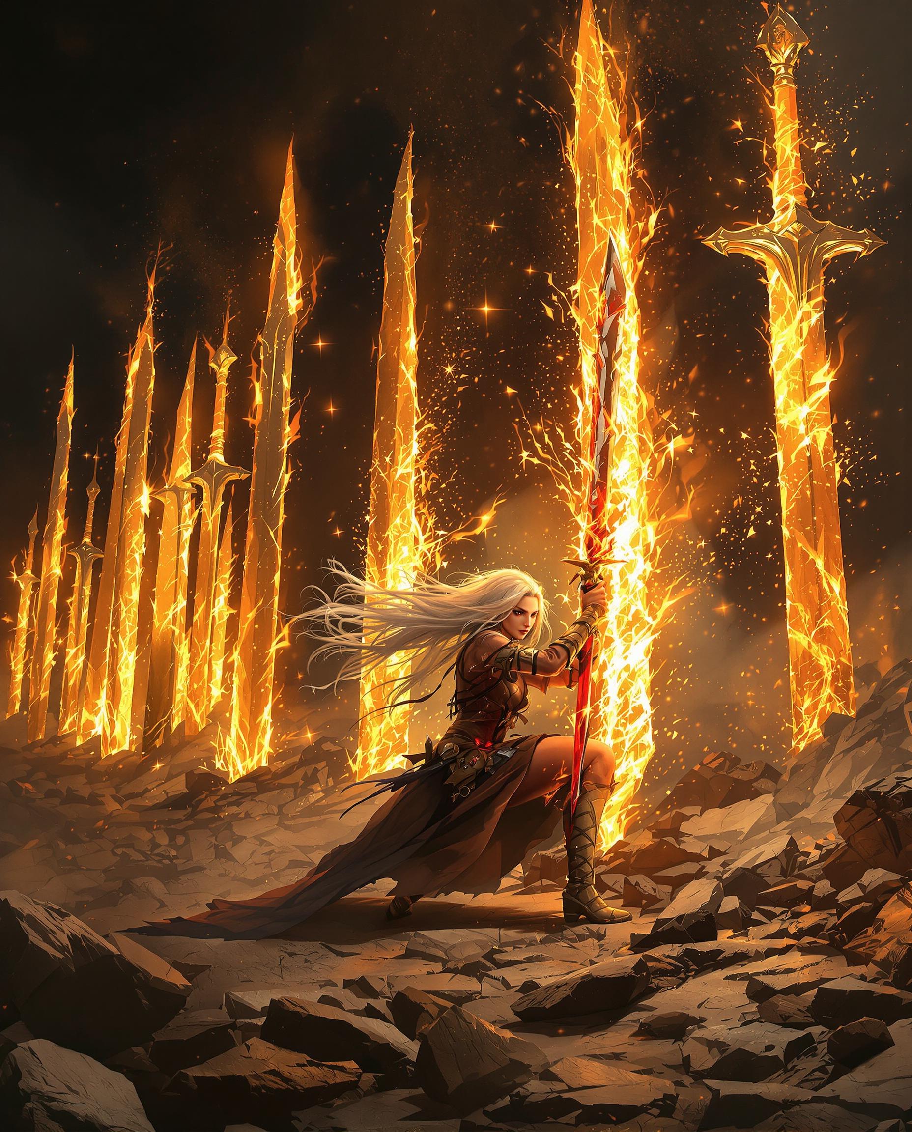 A highly detailed realistic photo (photograph) of a female real person illustration in a dark, epic art style reminiscent of Dark Souls or From Software games, with a dramatic chiaroscuro lighting and painterly brushstrokes evoking oil on canvas but rendered in hyper-realistic CGI quality. The scene depicts a lone, ethereal warrior with long, flowing white hair billowing wildly in the wind, clad in tattered brown leather armor and a flowing cloak, crouched dynamically in a rocky, debris-strewn wasteland. The warrior grips a massive, flaming greatsword with a red-hot blade embedded in the cracked earth, pulling it upward with intense effort, surrounded by an array of enormous, jagged golden swords erupting vertically from the ground like ancient monoliths, their surfaces glowing with intense yellow-orange luminescence and fiery embers. The background is a pitch-black void filled with swirling smoke, ash particles, and bursts of molten gold light casting dramatic shadows and highlights on the warrior's pale skin and determined expression. Warm color palette dominated by deep blacks, fiery ambers, radiant golds, and subtle reds, with high contrast between the dark foreground rubble and the explosive, radiant energy emanating from the swords, creating a sense of apocalyptic power and mythical summoning. Ultra-detailed textures on the armor's weathered leather, the swords' crystalline edges, and floating rock fragments, in a vertical composition with cinematic depth and atmospheric haze for an immersive, high-fantasy vibe.