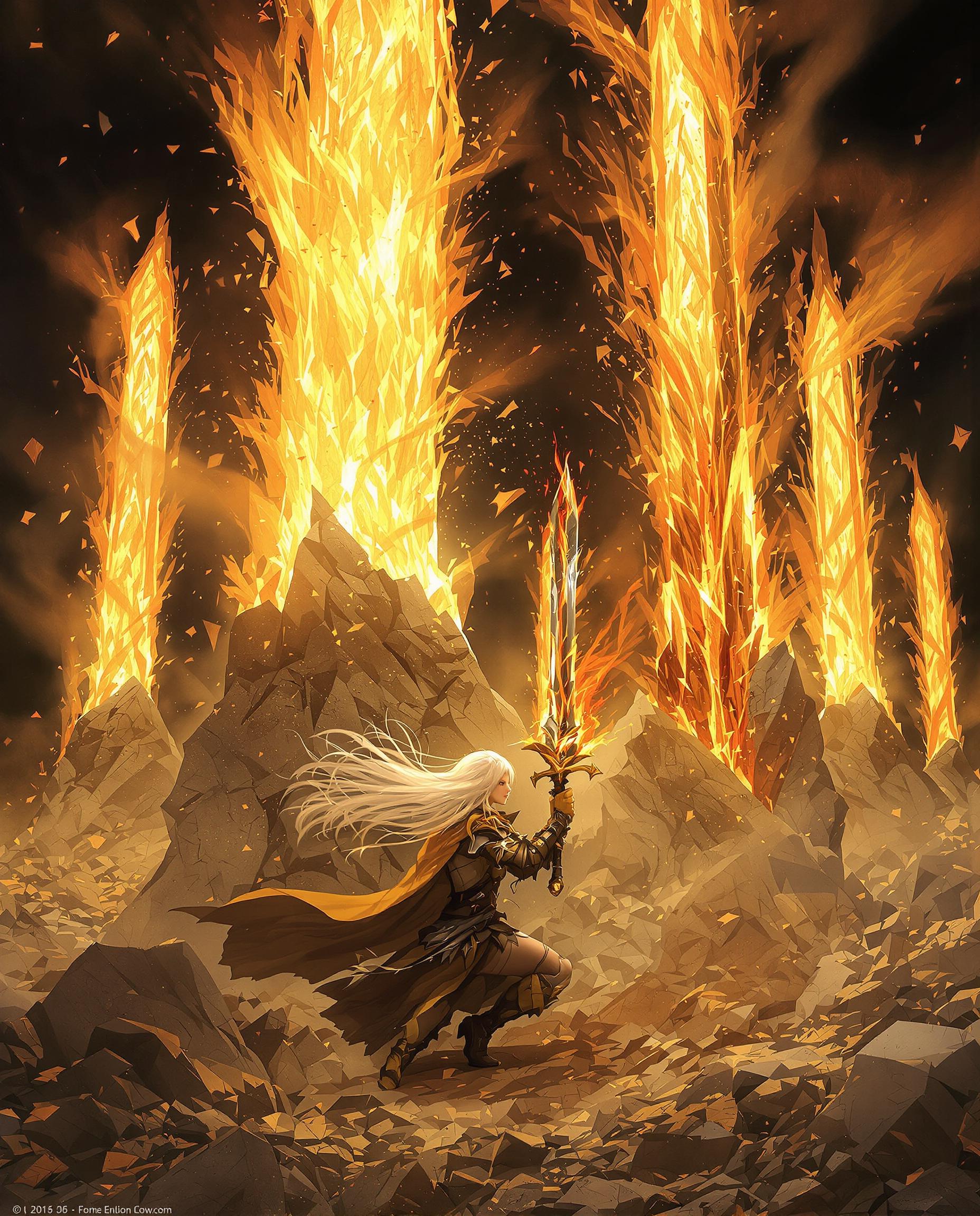 A highly detailed realistic photo (photograph) of a female real person illustration in a dark, epic art style reminiscent of Dark Souls or From Software games, with a dramatic chiaroscuro lighting and painterly brushstrokes evoking oil on canvas but rendered in hyper-realistic CGI quality. The scene depicts a lone, ethereal warrior with long, flowing white hair billowing wildly in the wind, clad in tattered brown leather armor and a flowing cloak, crouched dynamically in a rocky, debris-strewn wasteland. The warrior grips a massive, flaming greatsword with a red-hot blade embedded in the cracked earth, pulling it upward with intense effort, surrounded by an array of enormous, jagged golden swords erupting vertically from the ground like ancient monoliths, their surfaces glowing with intense yellow-orange luminescence and fiery embers. The background is a pitch-black void filled with swirling smoke, ash particles, and bursts of molten gold light casting dramatic shadows and highlights on the warrior's pale skin and determined expression. Warm color palette dominated by deep blacks, fiery ambers, radiant golds, and subtle reds, with high contrast between the dark foreground rubble and the explosive, radiant energy emanating from the swords, creating a sense of apocalyptic power and mythical summoning. Ultra-detailed textures on the armor's weathered leather, the swords' crystalline edges, and floating rock fragments, in a vertical composition with cinematic depth and atmospheric haze for an immersive, high-fantasy vibe.