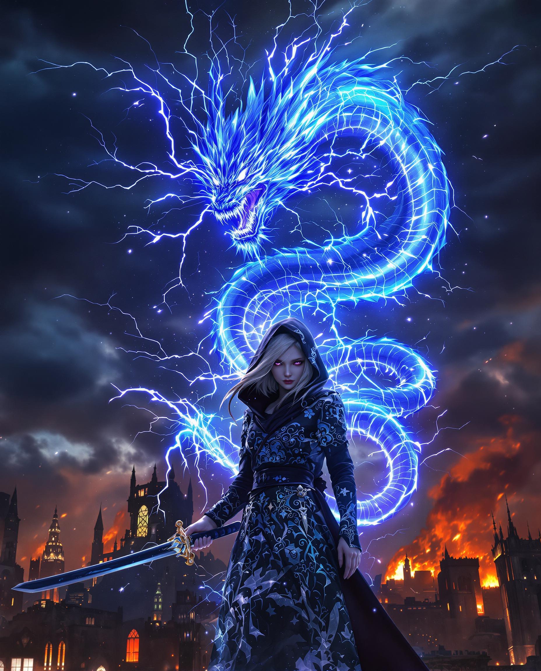 A highly detailed realistic photo (photograph) of a female real person of a mysterious young girl with pale white skin, short disheveled silver-white hair flowing wildly, and piercing glowing purple eyes, standing in a dramatic three-quarter back view with her head turned slightly towards the viewer, exuding an aura of dark power and intensity. She wears a hooded black cloak adorned with intricate glowing blue dragon embroidery and swirling patterns, the hood partially shadowing her face, with long sleeves and a belt holding a sheathed katana sword at her waist. Emerging dramatically from behind her is a massive, ethereal dragon spirit composed of crackling blue lightning and electric energy, with jagged crystalline wings spread wide, fierce snarling maw, clawed limbs, and a serpentine body coiling through the air, surrounded by sparks, bolts of electricity, and glowing particles in shades of cyan, turquoise, and electric blue. The background is a stormy night sky with dark clouds, faint silhouettes of ruined buildings or towers at the bottom, illuminated by an intense orange-yellow glow from below as if from flames or explosions, creating a high-contrast atmosphere of chaos and supernatural summoning. Rendered in a vibrant, high-quality, with meticulous linework, dynamic lighting effects, volumetric godrays from the energy, high resolution, sharp details on fabrics and energy textures, cinematic composition, epic scale, and a color palette dominated by deep blacks, vibrant blues, purples, and warm orange accents for dramatic tension.