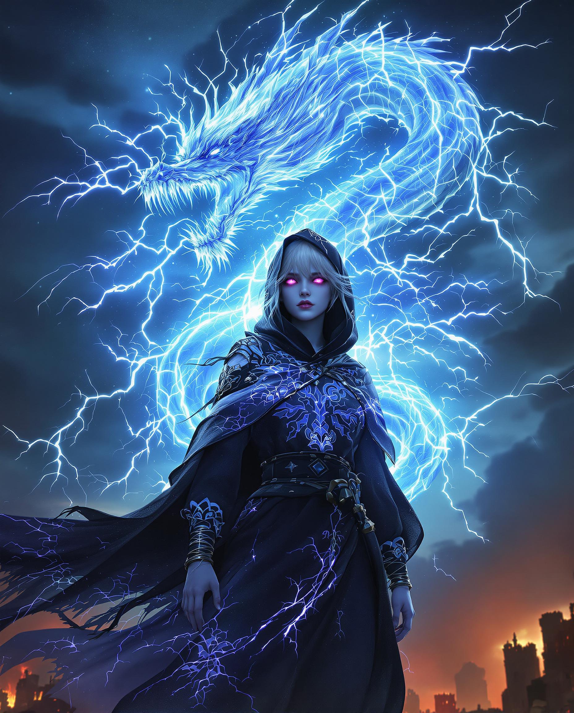 A highly detailed realistic photo (photograph) of a female real person of a mysterious young girl with pale white skin, short disheveled silver-white hair flowing wildly, and piercing glowing purple eyes, standing in a dramatic three-quarter back view with her head turned slightly towards the viewer, exuding an aura of dark power and intensity. She wears a hooded black cloak adorned with intricate glowing blue dragon embroidery and swirling patterns, the hood partially shadowing her face, with long sleeves and a belt holding a sheathed katana sword at her waist. Emerging dramatically from behind her is a massive, ethereal dragon spirit composed of crackling blue lightning and electric energy, with jagged crystalline wings spread wide, fierce snarling maw, clawed limbs, and a serpentine body coiling through the air, surrounded by sparks, bolts of electricity, and glowing particles in shades of cyan, turquoise, and electric blue. The background is a stormy night sky with dark clouds, faint silhouettes of ruined buildings or towers at the bottom, illuminated by an intense orange-yellow glow from below as if from flames or explosions, creating a high-contrast atmosphere of chaos and supernatural summoning. Rendered in a vibrant, high-quality, with meticulous linework, dynamic lighting effects, volumetric godrays from the energy, high resolution, sharp details on fabrics and energy textures, cinematic composition, epic scale, and a color palette dominated by deep blacks, vibrant blues, purples, and warm orange accents for dramatic tension.