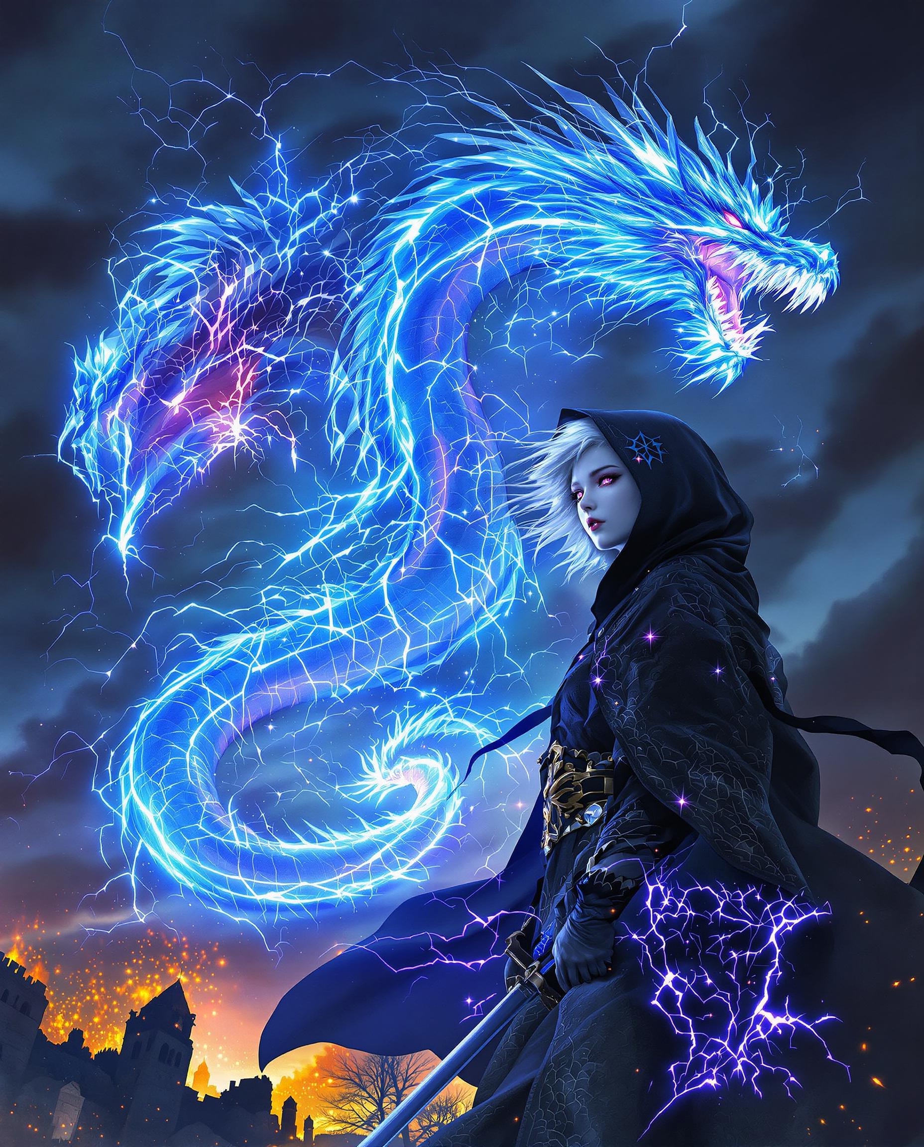 A highly detailed realistic photo (photograph) of a female real person of a mysterious young girl with pale white skin, short disheveled silver-white hair flowing wildly, and piercing glowing purple eyes, standing in a dramatic three-quarter back view with her head turned slightly towards the viewer, exuding an aura of dark power and intensity. She wears a hooded black cloak adorned with intricate glowing blue dragon embroidery and swirling patterns, the hood partially shadowing her face, with long sleeves and a belt holding a sheathed katana sword at her waist. Emerging dramatically from behind her is a massive, ethereal dragon spirit composed of crackling blue lightning and electric energy, with jagged crystalline wings spread wide, fierce snarling maw, clawed limbs, and a serpentine body coiling through the air, surrounded by sparks, bolts of electricity, and glowing particles in shades of cyan, turquoise, and electric blue. The background is a stormy night sky with dark clouds, faint silhouettes of ruined buildings or towers at the bottom, illuminated by an intense orange-yellow glow from below as if from flames or explosions, creating a high-contrast atmosphere of chaos and supernatural summoning. Rendered in a vibrant, high-quality, with meticulous linework, dynamic lighting effects, volumetric godrays from the energy, high resolution, sharp details on fabrics and energy textures, cinematic composition, epic scale, and a color palette dominated by deep blacks, vibrant blues, purples, and warm orange accents for dramatic tension.