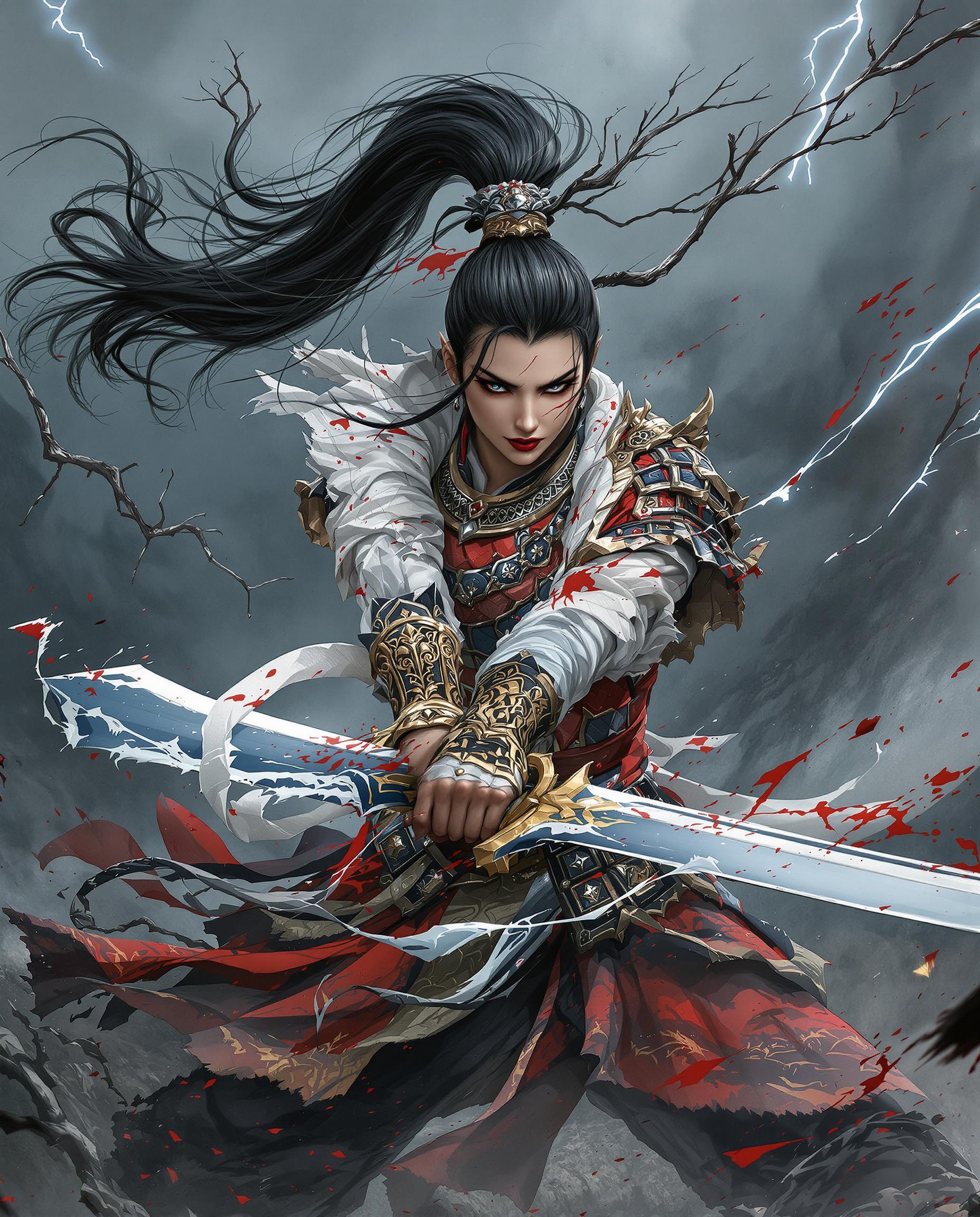 A close-up highly detailed photograph of a fierce female warrior in ancient Chinese-inspired armor, mid-swing with a massive, ornate broadsword that trails swirling black ink-like shadows and crimson blood splatters, her long black ponytail whipping dramatically in the wind, intense expression on her pale face with sharp features, red lips, and determined eyes, wearing layered red and gray scale armor with gold accents, white cloth wrappings on her arms, tattered cape flowing behind, surrounded by ethereal dark branches and floating debris in a stormy, misty gray background with subtle lightning flashes, dynamic action pose emphasizing power and grace, highly detailed photograph, realistic rendering with painterly brushstrokes, dramatic chiaroscuro lighting, cool blue-gray color palette accented by vivid reds and deep blacks, high resolution, epic atmosphere of battle and mysticism.