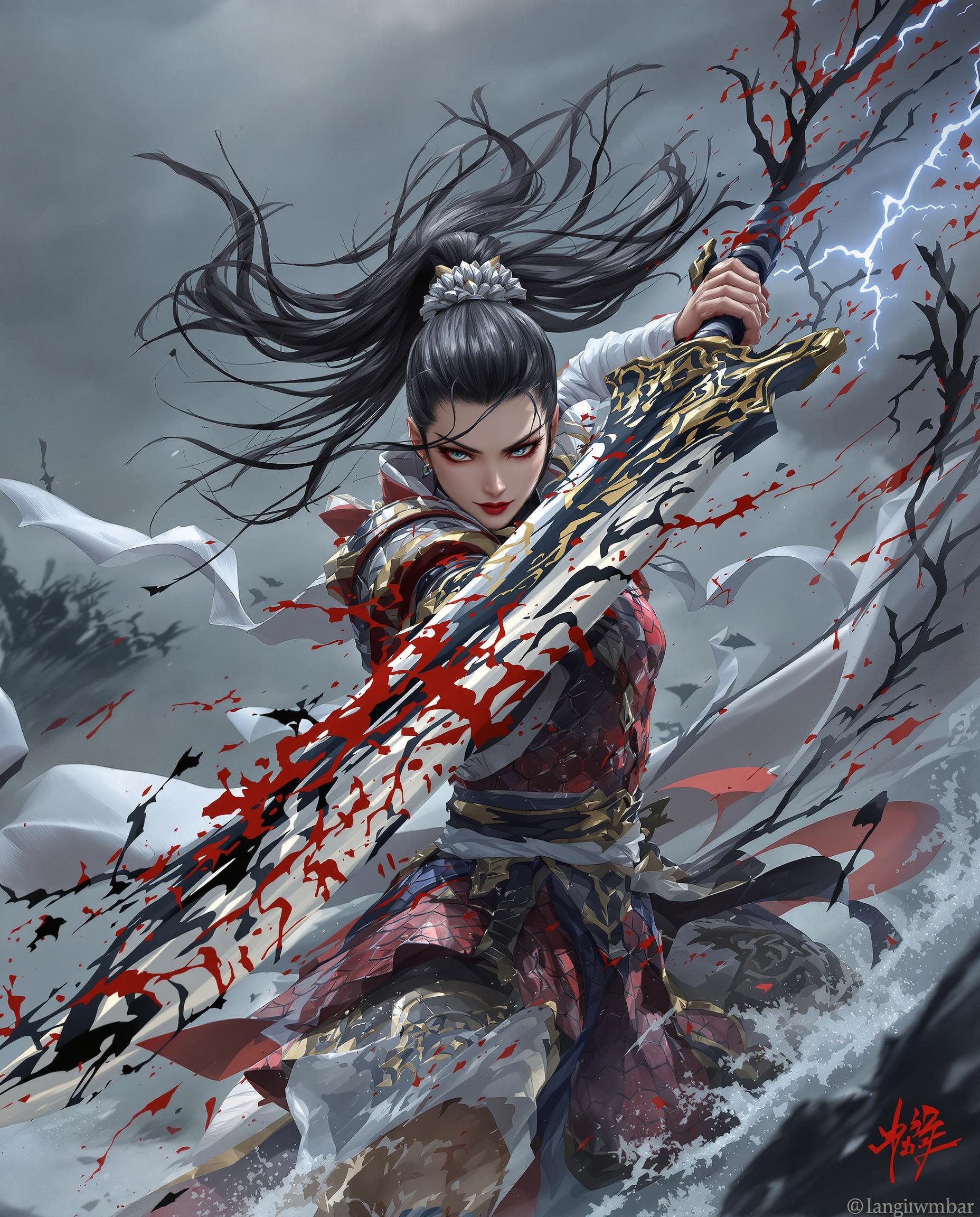 A close-up highly detailed photograph of a fierce female warrior in ancient Chinese-inspired armor, mid-swing with a massive, ornate broadsword that trails swirling black ink-like shadows and crimson blood splatters, her long black ponytail whipping dramatically in the wind, intense expression on her pale face with sharp features, red lips, and determined eyes, wearing layered red and gray scale armor with gold accents, white cloth wrappings on her arms, tattered cape flowing behind, surrounded by ethereal dark branches and floating debris in a stormy, misty gray background with subtle lightning flashes, dynamic action pose emphasizing power and grace, highly detailed photograph, realistic rendering with painterly brushstrokes, dramatic chiaroscuro lighting, cool blue-gray color palette accented by vivid reds and deep blacks, high resolution, epic atmosphere of battle and mysticism.