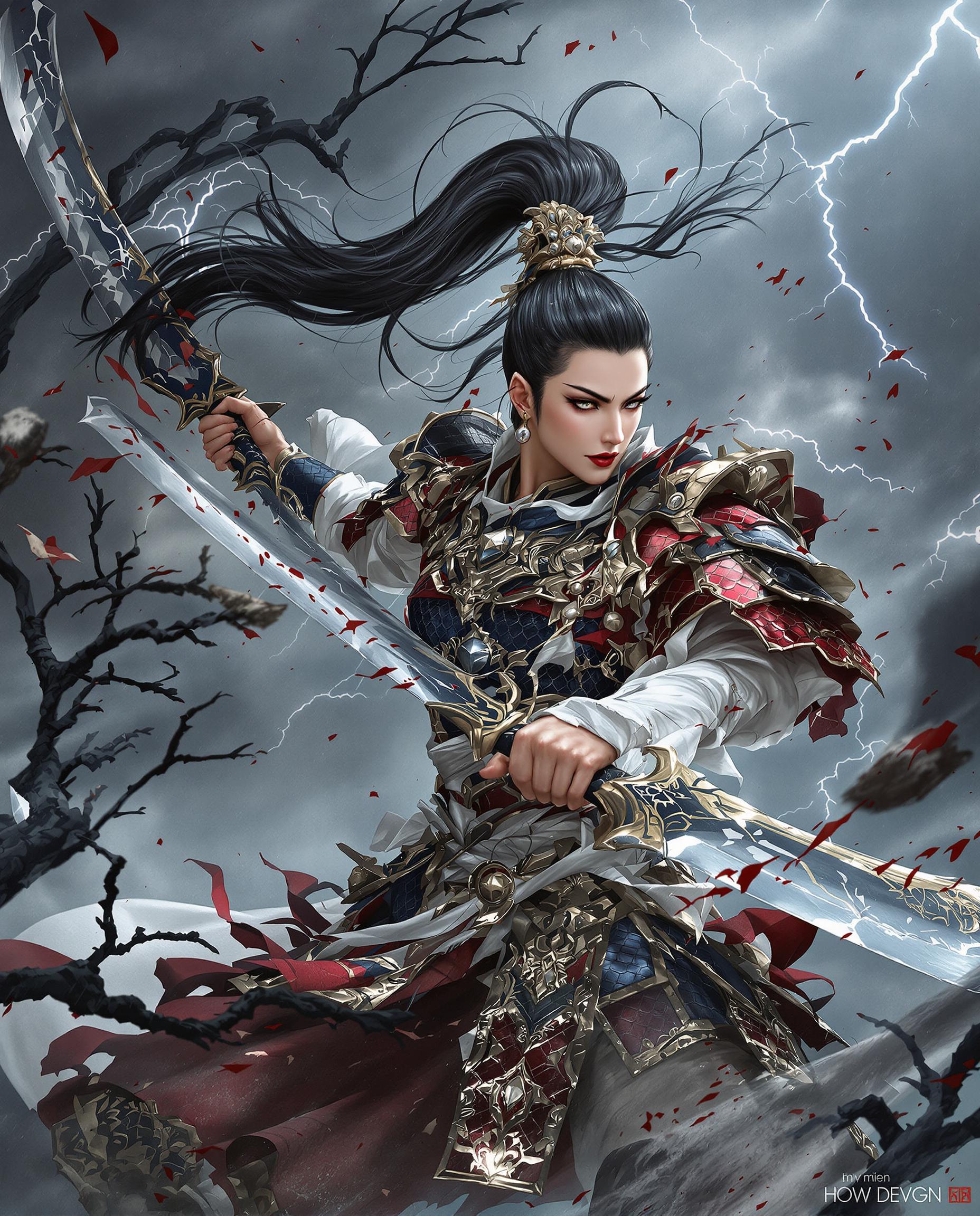 A close-up highly detailed photograph of a fierce female warrior in ancient Chinese-inspired armor, mid-swing with a massive, ornate broadsword that trails swirling black ink-like shadows and crimson blood splatters, her long black ponytail whipping dramatically in the wind, intense expression on her pale face with sharp features, red lips, and determined eyes, wearing layered red and gray scale armor with gold accents, white cloth wrappings on her arms, tattered cape flowing behind, surrounded by ethereal dark branches and floating debris in a stormy, misty gray background with subtle lightning flashes, dynamic action pose emphasizing power and grace, highly detailed photograph, realistic rendering with painterly brushstrokes, dramatic chiaroscuro lighting, cool blue-gray color palette accented by vivid reds and deep blacks, high resolution, epic atmosphere of battle and mysticism.