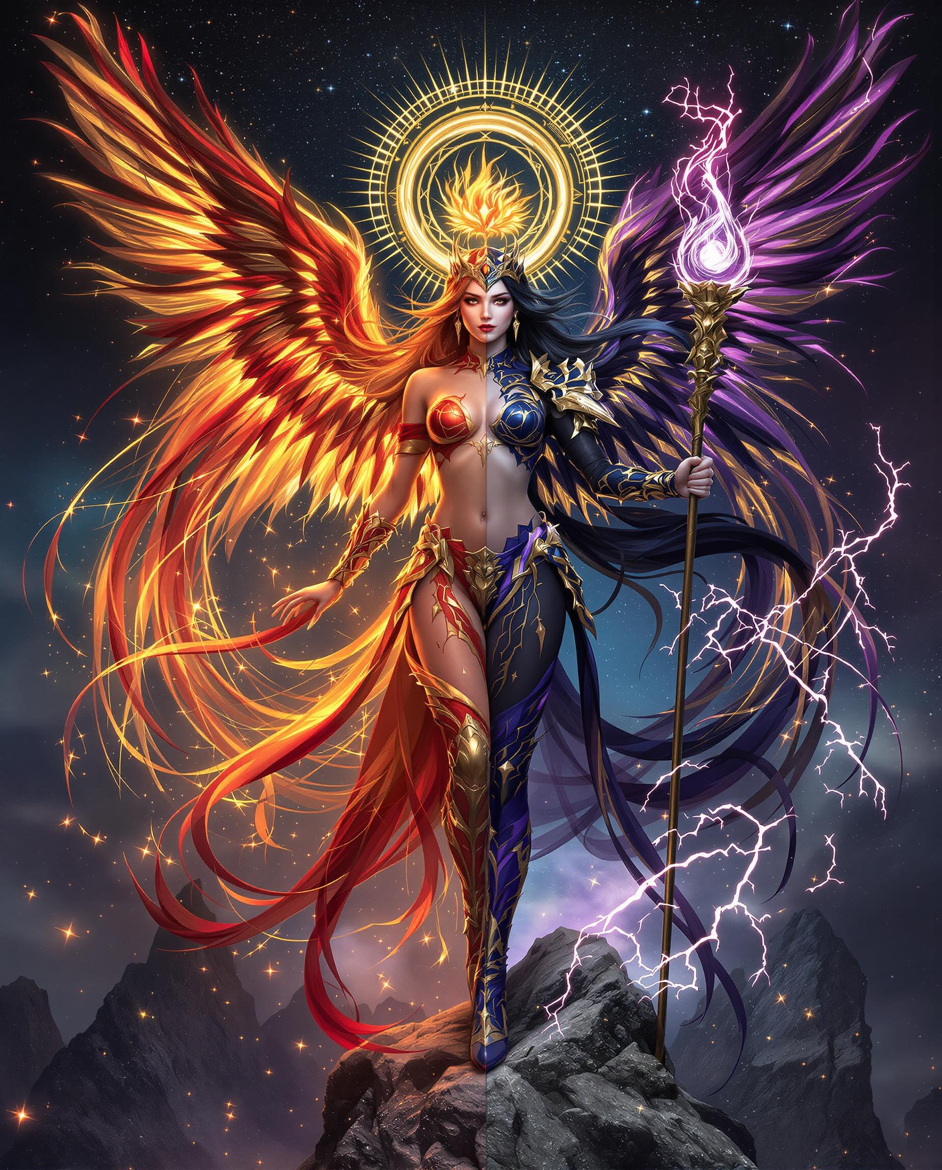 A stunning realistic photo (photograph) of a female real person in a highly detailed realistic art medium, featuring a ethereal female angel warrior standing triumphantly on jagged, glowing rocky outcrops amidst a cosmic starry night sky filled with nebulae and sparkling particles. She embodies duality with her body split down the middle: left side radiant in fiery orange and red hues, right side in deep indigo and purple tones. Her long, flowing hair mirrors this split, cascading in vibrant crimson waves on the left and silky navy blue on the right, adorned with intricate golden accents. She wears a form-fitting, ornate bodysuit armor that's asymmetrically designed—left half crimson with gold trims and flame-like patterns, right half black with purple veins and ethereal energy motifs—revealing her midriff, thighs, and shoulders, accentuated by flowing red and black ribbons and ethereal fabric trails. Massive, asymmetrical wings extend dramatically: the left wing a blazing phoenix-like structure in fiery orange feathers with glowing embers, the right wing a shadowy, ethereal appendage in deep purple with crackling lightning effects. Above her head floats a intricate golden halo crown with celestial runes and a central gem, emitting a divine glow. In her right hand, she wields a ornate staff topped with a swirling orb of purple energy, while her left hand channels fiery sparks. Her expression is fierce yet serene, with heterochromatic eyes—one glowing amber, the other piercing violet—sharp facial features, pale skin, and subtle makeup. The overall composition is dynamic and symmetrical in asymmetry, with dramatic lighting from inner glows and cosmic backdrop, high contrast, intricate textures on feathers, armor, and rocks, in a vertical portrait format, evoking epic fantasy themes of light and darkness balance, ultra-detailed, 8K resolution.