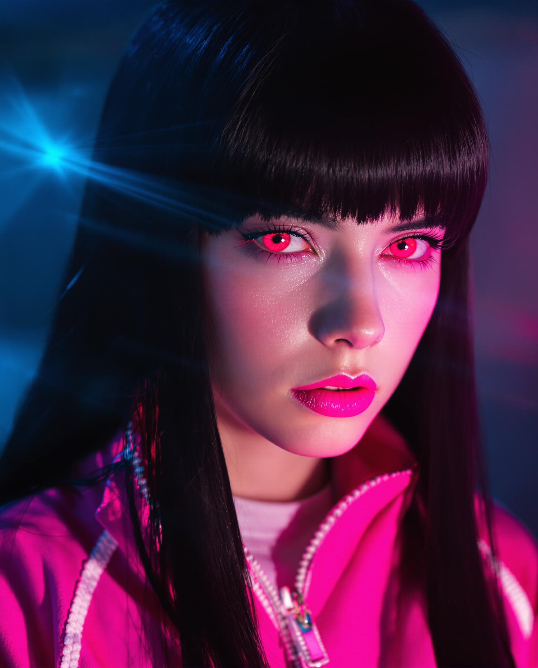 A highly detailed realistic photo (photograph) of a female real person close-up portrait of a mysterious young woman with long, straight black hair in blunt bangs framing her pale face, her piercing red eyes glowing intensely with a subtle crimson gleam, narrowed in a serious and slightly menacing expression, thin eyebrows furrowed, small nose, and neutral mouth set in determination. She wears a vibrant pink zip-up jacket with white accents over a white shirt, the fabric slightly glossy and reflecting soft light. The art style is modern realistic style, cel-shading, and dramatic lighting effects, featuring a bright lens flare from the upper left casting ethereal rays and highlights on her hair and skin, creating a high-contrast, atmospheric mood with cool blue tones in the background blending into warm pinks and whites. Emphasize hyper-realistic textures on the hair strands, subtle shadows under the eyes and chin, and a sense of otherworldly intensity, ultra-high resolution, 8K quality, vibrant color palette dominated by blacks, reds, pinks, and whites.
