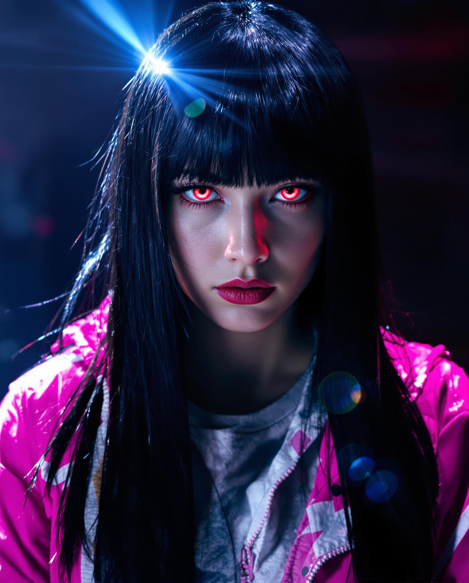 A highly detailed realistic photo (photograph) of a female real person close-up portrait of a mysterious young woman with long, straight black hair in blunt bangs framing her pale face, her piercing red eyes glowing intensely with a subtle crimson gleam, narrowed in a serious and slightly menacing expression, thin eyebrows furrowed, small nose, and neutral mouth set in determination. She wears a vibrant pink zip-up jacket with white accents over a white shirt, the fabric slightly glossy and reflecting soft light. The art style is modern realistic style, cel-shading, and dramatic lighting effects, featuring a bright lens flare from the upper left casting ethereal rays and highlights on her hair and skin, creating a high-contrast, atmospheric mood with cool blue tones in the background blending into warm pinks and whites. Emphasize hyper-realistic textures on the hair strands, subtle shadows under the eyes and chin, and a sense of otherworldly intensity, ultra-high resolution, 8K quality, vibrant color palette dominated by blacks, reds, pinks, and whites.