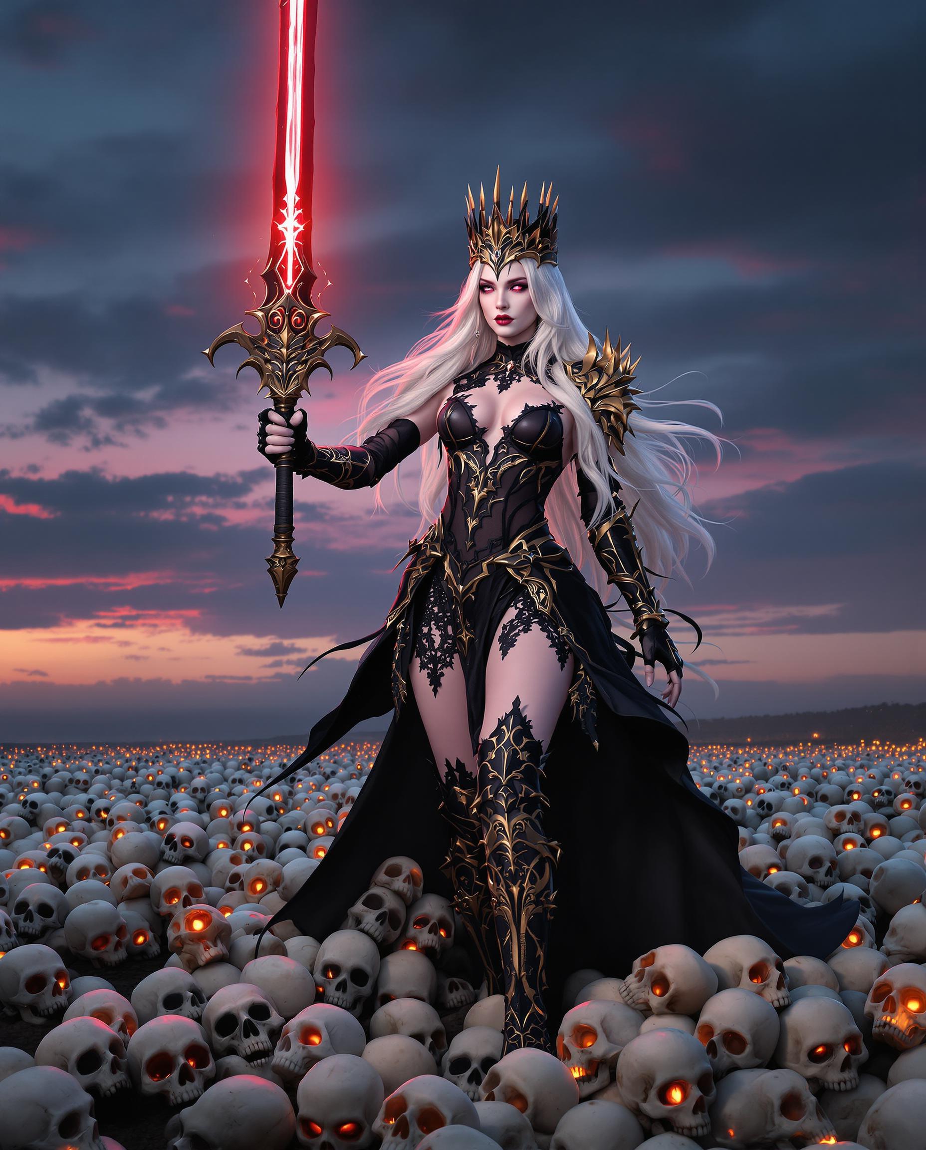 A highly detailed realistic photo (photograph) of a female real person, featuring a striking female warrior queen with long flowing white hair, pale porcelain skin, and piercing glowing purple eyes with a serious, intense expression. She wears an ornate black and gold armored dress with intricate lace and sheer elements on the bodice, emphasizing a voluptuous figure; the outfit includes shoulder pauldrons with skull motifs, elbow-length black gloves, thigh-high boots with golden accents, and a spiked golden crown atop her head. She confidently holds aloft a large, glowing red-bladed sword in her right hand, with the blade emitting a subtle crimson energy aura. The scene is set in a eerie battlefield at dusk, surrounded by a vast sea of white skulls with menacing red-glowing eyes scattered across the ground, some piled up around her feet. The background showcases a dramatic gradient sky transitioning from deep indigo blues at the top to warm pink and orange hues near the horizon, with scattered clouds and a sense of impending doom. Rendered in a semi-realistic digital medium with high contrast, glossy highlights on armor and skin, dynamic lighting casting long shadows, and a dark, atmospheric color palette dominated by blacks, golds, reds, and cool blues, evoking a mix of gothic fantasy and epic heroism, ultra-high resolution, 8k quality, sharp focus, intricate details on textures like fabric folds, metallic sheen, and bone structures.