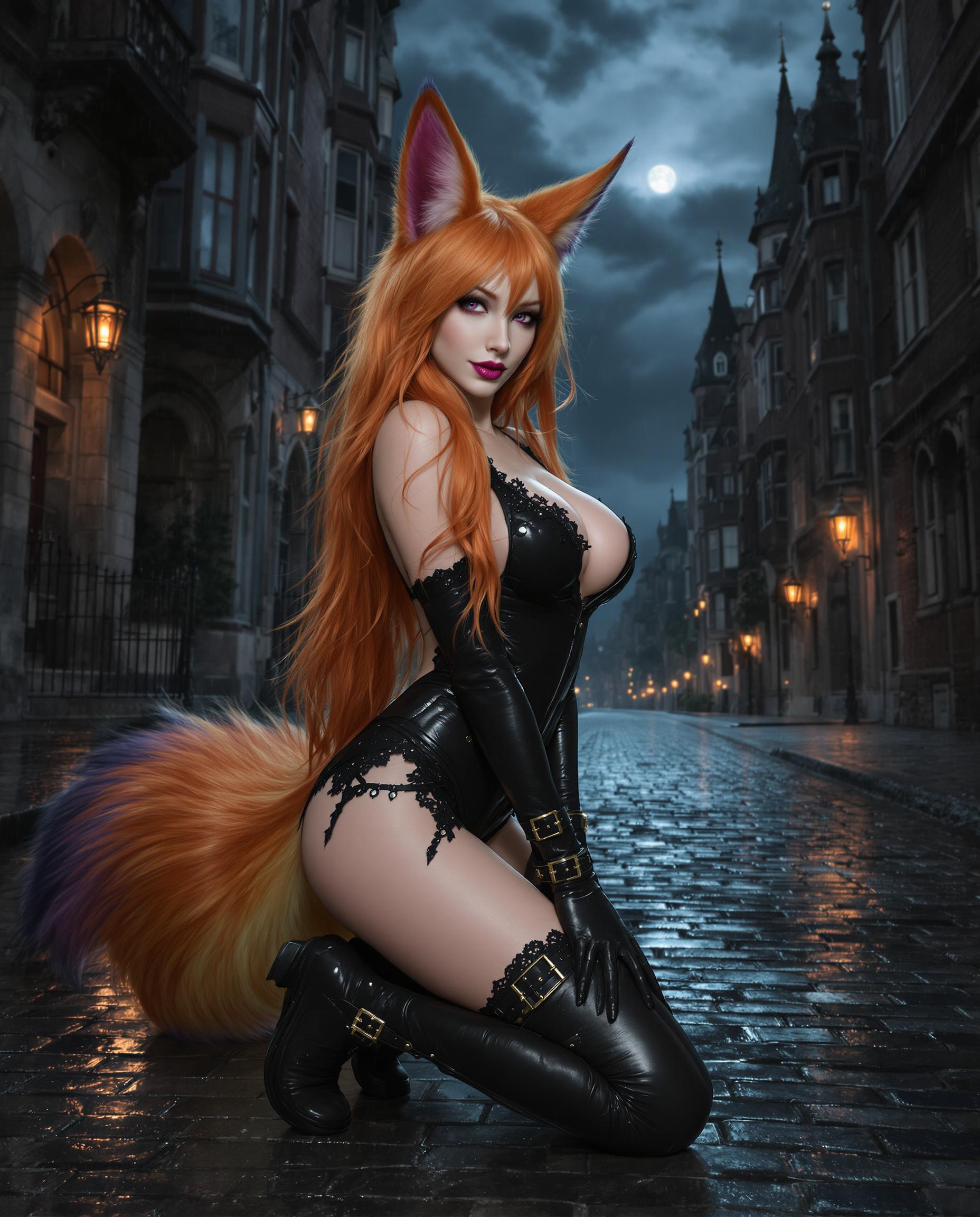 A highly detailed realistic photo (photograph) of a female real person in the style of modern fantasy art, featuring a seductive anthropomorphic fox girl with long flowing reddish-orange hair cascading down her back, fluffy fox ears atop her head, and a bushy fox tail with gradient fur from orange to purple tips. She has pale skin, sharp purple eyes with a piercing gaze directly at the viewer, small fangs visible in a slight smirk, and subtle blush on her cheeks. She is posed dynamically on a wet cobblestone street in a gothic Victorian city at night, kneeling with one leg bent forward and the other extended, her body arched sensually to emphasize curves. She wears a form-fitting black latex outfit including a short dress with lace-trimmed edges, deep V-neckline exposing cleavage, long sleeves with buckled straps, matching elbow-length gloves, and shiny thigh-high boots with platform heels and multiple buckles. The material has a glossy, reflective sheen, highlighting contours and rain droplets. Surrounding her is a moody urban alleyway with tall, dilapidated European-style buildings featuring pointed spires, arched windows, and ornate facades under a stormy gray sky with swirling dark clouds and faint moonlight filtering through. The scene is dimly lit with dramatic shadows, blue-gray color palette accented by warm orange highlights from her hair and tail, wet ground reflecting lights and her figure, evoking a mysterious, erotic atmosphere in high resolution, intricate linework, and vibrant contrasts.