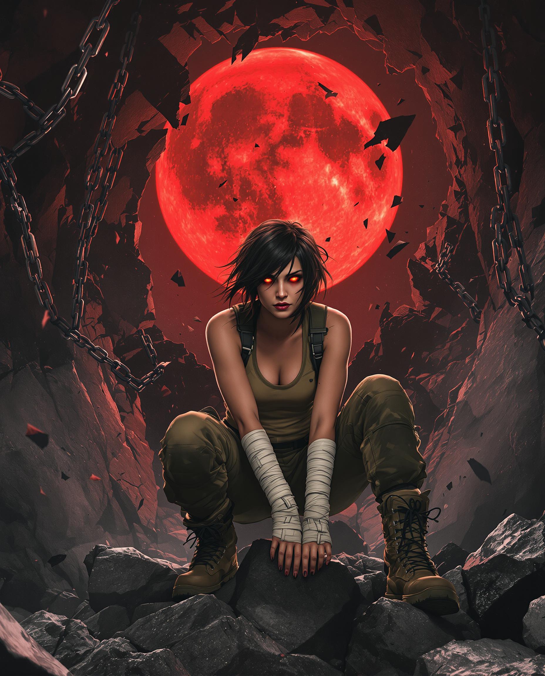 A highly detailed realistic photo (photograph) of a female real person in a dark, atmospheric comic book style reminiscent of cyberpunk and apocalyptic fantasy, with sharp contrasts, dramatic lighting, and painterly brushstrokes. The central figure is a fierce young woman with short, windswept black hair, glowing crimson eyes that pierce through the shadows, and a determined, intense expression. She sits crouched on jagged, crumbling rocks in a cavernous ruin, her posture defiant yet contemplative, knees drawn up with bandaged hands clasped together, one foot extended forward. She wears a form-fitting beige tank top, rugged cargo pants, heavy boots wrapped in white bandages, fingerless gloves, and arm wraps, all tattered and battle-worn, suggesting a post-apocalyptic survivor. Surrounding her, massive iron chains shatter explosively into fragments, with links and debris suspended in mid-air as if bursting free from invisible bonds. The background features a vast, ominous red moon or blood-red planet dominating the sky, visible through a fractured cavern ceiling that's collapsing in rocky shards and dust particles. The color palette is dominated by deep crimson reds from the moon casting an eerie glow, contrasted with inky blacks, cool grays of the stone, and subtle highlights of white and scarlet on the flying debris. Dramatic chiaroscuro lighting emphasizes volumetric forms, with rays of red light filtering through cracks, creating a sense of impending doom and raw power. High resolution, intricate details on textures like cracked stone, rusted metal chains, and fabric folds, ultra-detailed facial features with subtle skin textures and sweat beads, cinematic composition with dynamic motion blur on the exploding elements, overall mood of liberation and intensity in a dystopian world.