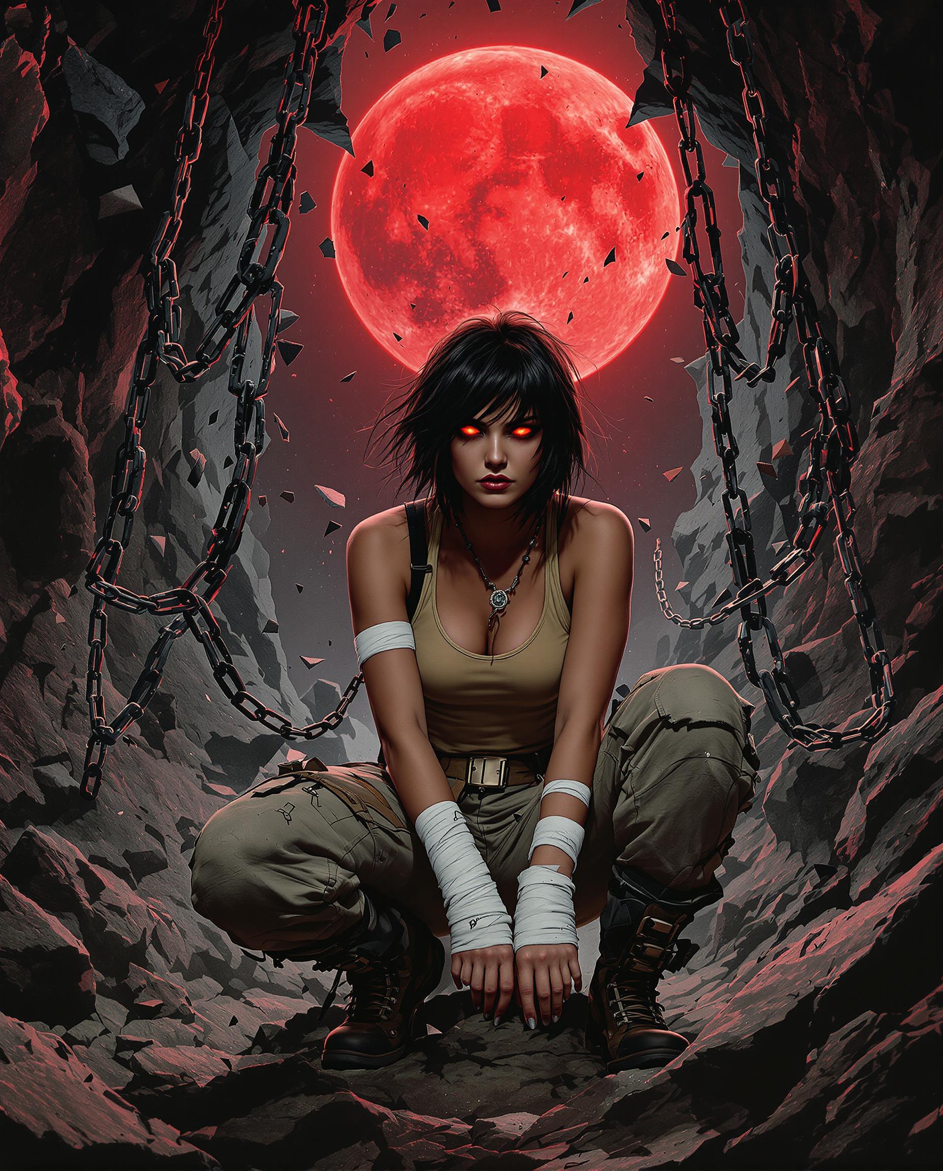 A highly detailed realistic photo (photograph) of a female real person in a dark, atmospheric comic book style reminiscent of cyberpunk and apocalyptic fantasy, with sharp contrasts, dramatic lighting, and painterly brushstrokes. The central figure is a fierce young woman with short, windswept black hair, glowing crimson eyes that pierce through the shadows, and a determined, intense expression. She sits crouched on jagged, crumbling rocks in a cavernous ruin, her posture defiant yet contemplative, knees drawn up with bandaged hands clasped together, one foot extended forward. She wears a form-fitting beige tank top, rugged cargo pants, heavy boots wrapped in white bandages, fingerless gloves, and arm wraps, all tattered and battle-worn, suggesting a post-apocalyptic survivor. Surrounding her, massive iron chains shatter explosively into fragments, with links and debris suspended in mid-air as if bursting free from invisible bonds. The background features a vast, ominous red moon or blood-red planet dominating the sky, visible through a fractured cavern ceiling that's collapsing in rocky shards and dust particles. The color palette is dominated by deep crimson reds from the moon casting an eerie glow, contrasted with inky blacks, cool grays of the stone, and subtle highlights of white and scarlet on the flying debris. Dramatic chiaroscuro lighting emphasizes volumetric forms, with rays of red light filtering through cracks, creating a sense of impending doom and raw power. High resolution, intricate details on textures like cracked stone, rusted metal chains, and fabric folds, ultra-detailed facial features with subtle skin textures and sweat beads, cinematic composition with dynamic motion blur on the exploding elements, overall mood of liberation and intensity in a dystopian world.