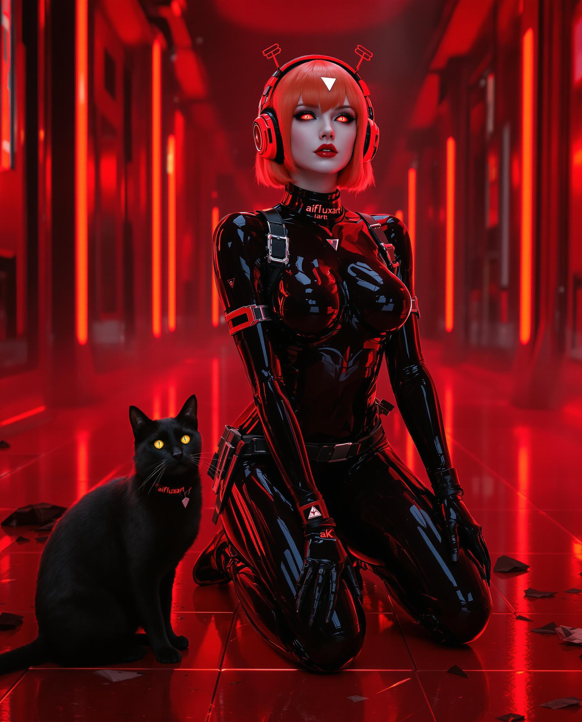 A highly detailed cyberpunk realistic photo (photograph) of a female real person in the style of digital concept art, featuring a seductive female android assassin with pale porcelain skin, sharp angular features, glowing crimson red eyes with a hypnotic intensity, and short vibrant orange hair styled in a sleek bob cut with a white triangular highlight on the forehead. She wears a glossy black latex bodysuit that clings tightly to her curvaceous figure, emphasizing her ample bust and athletic build, complete with metallic buckles, glowing red accents labeled "aifluxart", high-tech straps, and a choker collar; red over-ear headphones with antennae adorn her head, and a black katana sword is sheathed diagonally across her back. She kneels provocatively on a slick, reflective red-tinted floor in a dimly lit futuristic chamber with scattered tech debris and crimson neon lighting casting dramatic shadows and highlights, her gloved hands resting on her thighs, lips slightly parted in a sultry expression as she gazes upward at the viewer. A sleek black cat with glowing eyes sits calmly beside her, adding an air of mystery. The medium is hyper-realistic digital painting with high gloss and specular reflections on the latex material, vibrant color palette dominated by deep blacks, fiery reds, and contrasting oranges, intricate lighting effects with volumetric god rays and bloom, ultra-high resolution, 8K quality, sharp focus on textures like shiny latex sheen and metallic details, atmospheric depth with subtle fog and cyberpunk grit.