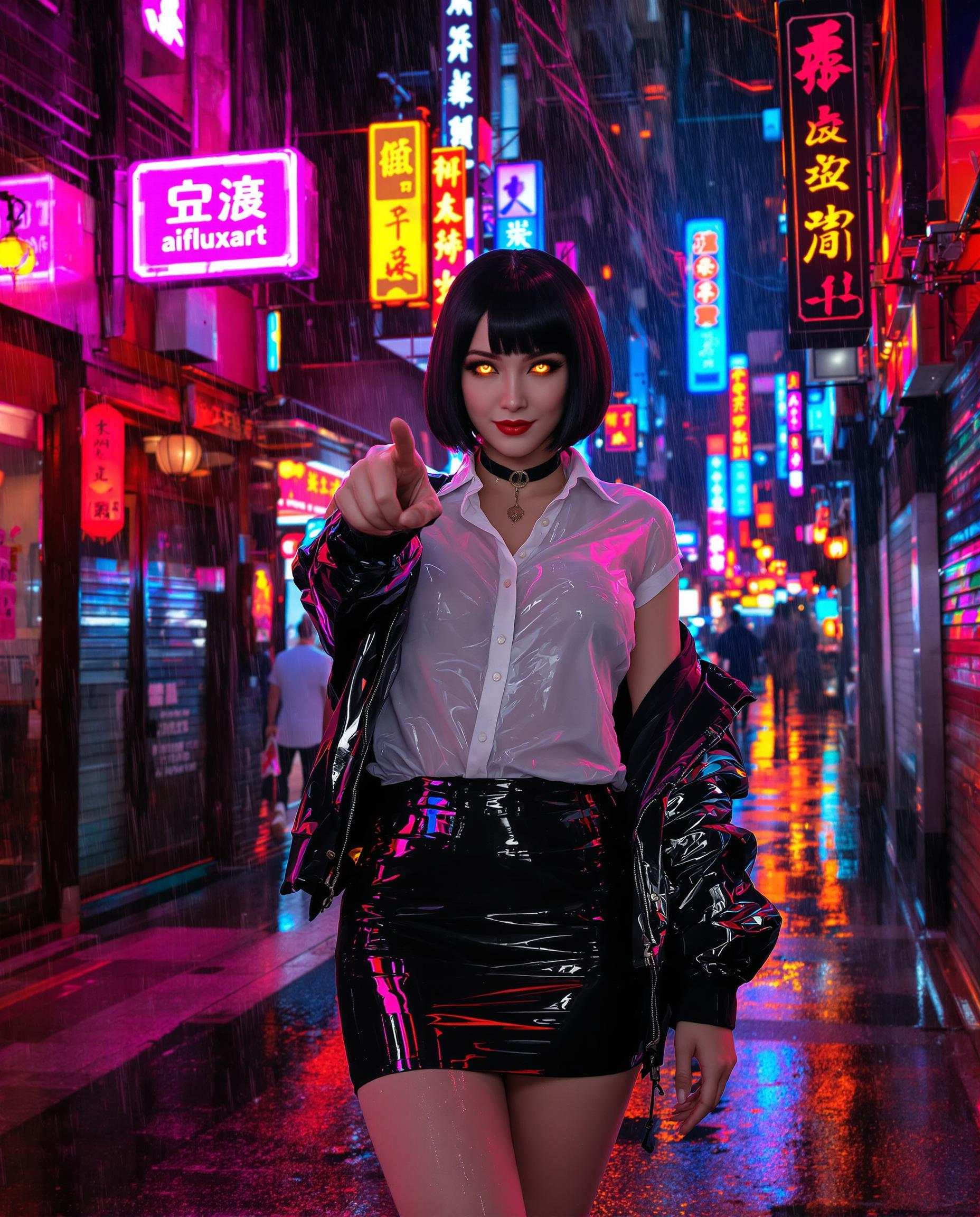 A stunning cyberpunk realistic photo (photograph) of a female real person with short black bob haircut, glowing intense orange eyes, and a confident smirk, standing in a rainy neon-lit alleyway at night. She has pale skin, voluptuous figure with large breasts, wearing a glossy white button-up shirt that's semi-transparent and clinging wetly to her body, a loose black necktie, an open black bomber jacket draped over her shoulders, and a shiny black latex mini skirt that reflects the lights. She's posing dynamically, pointing directly at the viewer with her right hand in a finger-gun gesture, left hand on her hip, legs slightly apart with rain-slicked thighs. The background features a narrow urban street in a futuristic city inspired by Tokyo or Hong Kong, with vibrant neon signs in pink, blue, orange, and red glowing through the rain, displaying Asian characters like "aifluxart" and abstract symbols, wet pavement reflecting colorful lights in puddles, misty atmosphere with falling raindrops, distant blurred buildings and lanterns. Art style is highly detailed digital painting in realistic aesthetic, with glossy wet textures, dramatic lighting from neon sources casting volumetric glows and highlights, high contrast, vibrant saturated colors, realistic shading and reflections on clothing and skin, cinematic composition in vertical portrait format, ultra-high resolution, masterpiece quality.