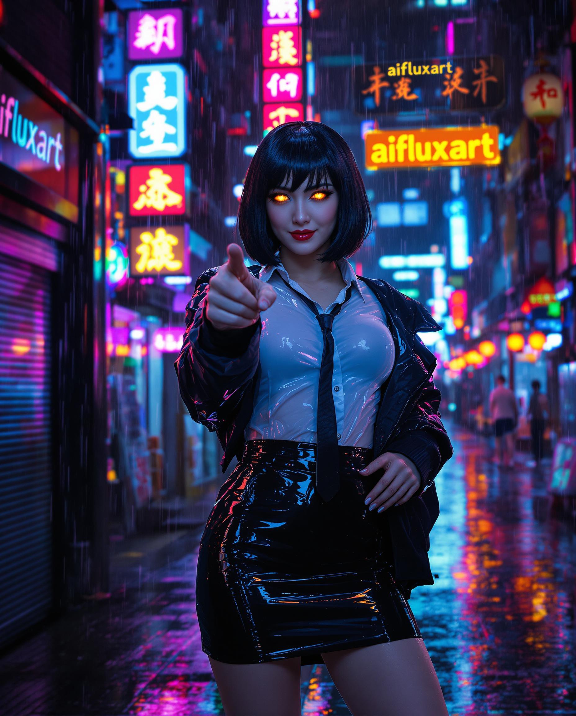 A stunning cyberpunk realistic photo (photograph) of a female real person with short black bob haircut, glowing intense orange eyes, and a confident smirk, standing in a rainy neon-lit alleyway at night. She has pale skin, voluptuous figure with large breasts, wearing a glossy white button-up shirt that's semi-transparent and clinging wetly to her body, a loose black necktie, an open black bomber jacket draped over her shoulders, and a shiny black latex mini skirt that reflects the lights. She's posing dynamically, pointing directly at the viewer with her right hand in a finger-gun gesture, left hand on her hip, legs slightly apart with rain-slicked thighs. The background features a narrow urban street in a futuristic city inspired by Tokyo or Hong Kong, with vibrant neon signs in pink, blue, orange, and red glowing through the rain, displaying Asian characters like "aifluxart" and abstract symbols, wet pavement reflecting colorful lights in puddles, misty atmosphere with falling raindrops, distant blurred buildings and lanterns. Art style is highly detailed digital painting in realistic aesthetic, with glossy wet textures, dramatic lighting from neon sources casting volumetric glows and highlights, high contrast, vibrant saturated colors, realistic shading and reflections on clothing and skin, cinematic composition in vertical portrait format, ultra-high resolution, masterpiece quality.