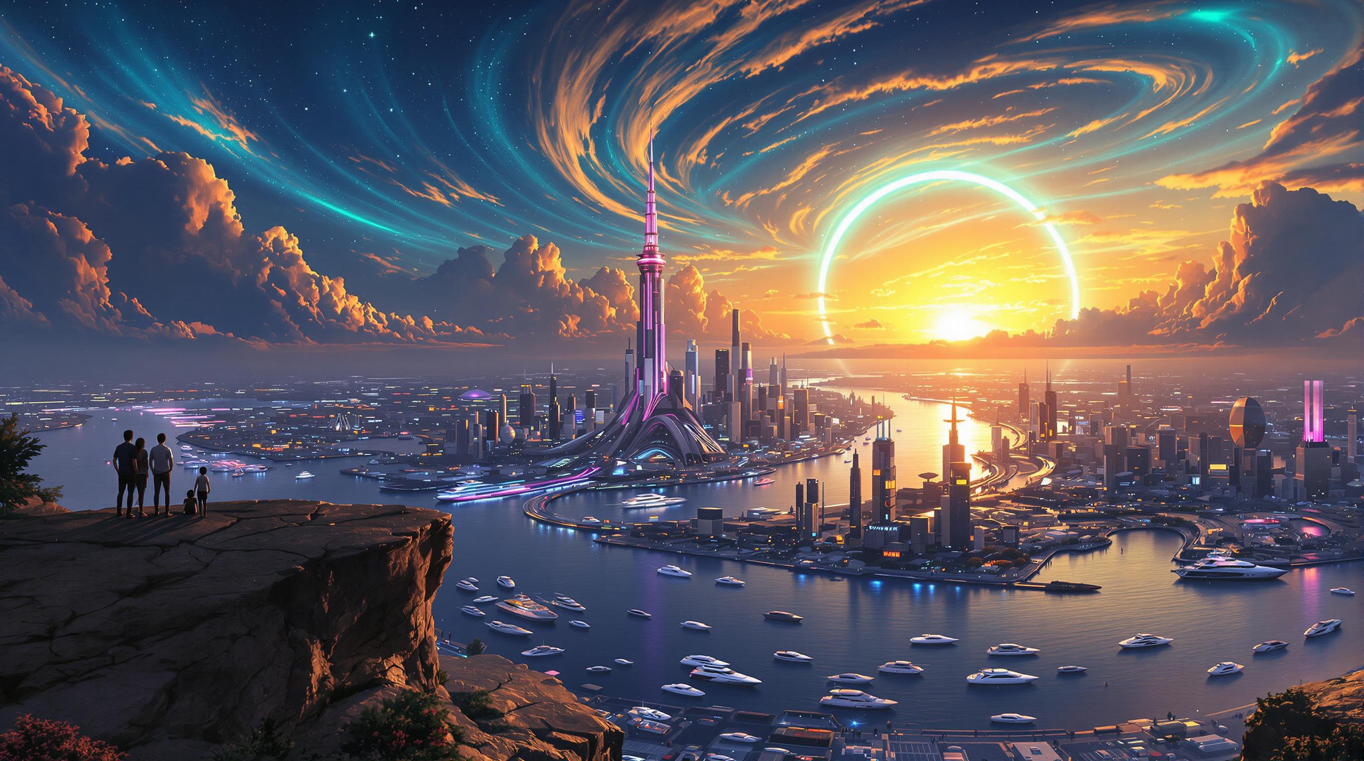 A breathtaking futuristic cityscape at twilight, viewed from a high rocky cliff in the foreground where silhouetted figures stand gazing at the scene, including a few people in casual attire with subtle glowing elements on their clothing, the cliff edge cracked and textured with small rocks and sparse vegetation. Below, a wide reflective river or canal winds through the sprawling metropolis, dotted with sleek, illuminated boats and yachts gliding on the golden-hued water that mirrors the vibrant sunset. The city features towering spires and skyscrapers in a cyberpunk style, with the central tallest tower piercing the sky like a needle, adorned with neon lights in purples, blues, and pinks, surrounded by clusters of high-tech buildings, bridges, and hovering vehicles emitting soft glows. The sky is a dramatic expanse of swirling clouds in deep blues and indigos transitioning to fiery oranges and yellows at the horizon, with a massive curved planetary ring or aurora-like arc glowing in teal and green, arching across the heavens and casting ethereal light. Stars twinkle faintly amid the cosmic nebula effects, evoking a sense of wonder and vastness. Rendered in highly detailed digital art style inspired by anime and sci-fi illustrations, similar to Makoto Shinkai or Studio Ghibli with enhanced realism, using vibrant color palette of cool blues contrasting warm sunset golds, high dynamic range lighting, intricate textures on architecture and water ripples, atmospheric depth with subtle fog and light blooms, ultra-high resolution, cinematic composition with a slight fisheye lens distortion for immersion.