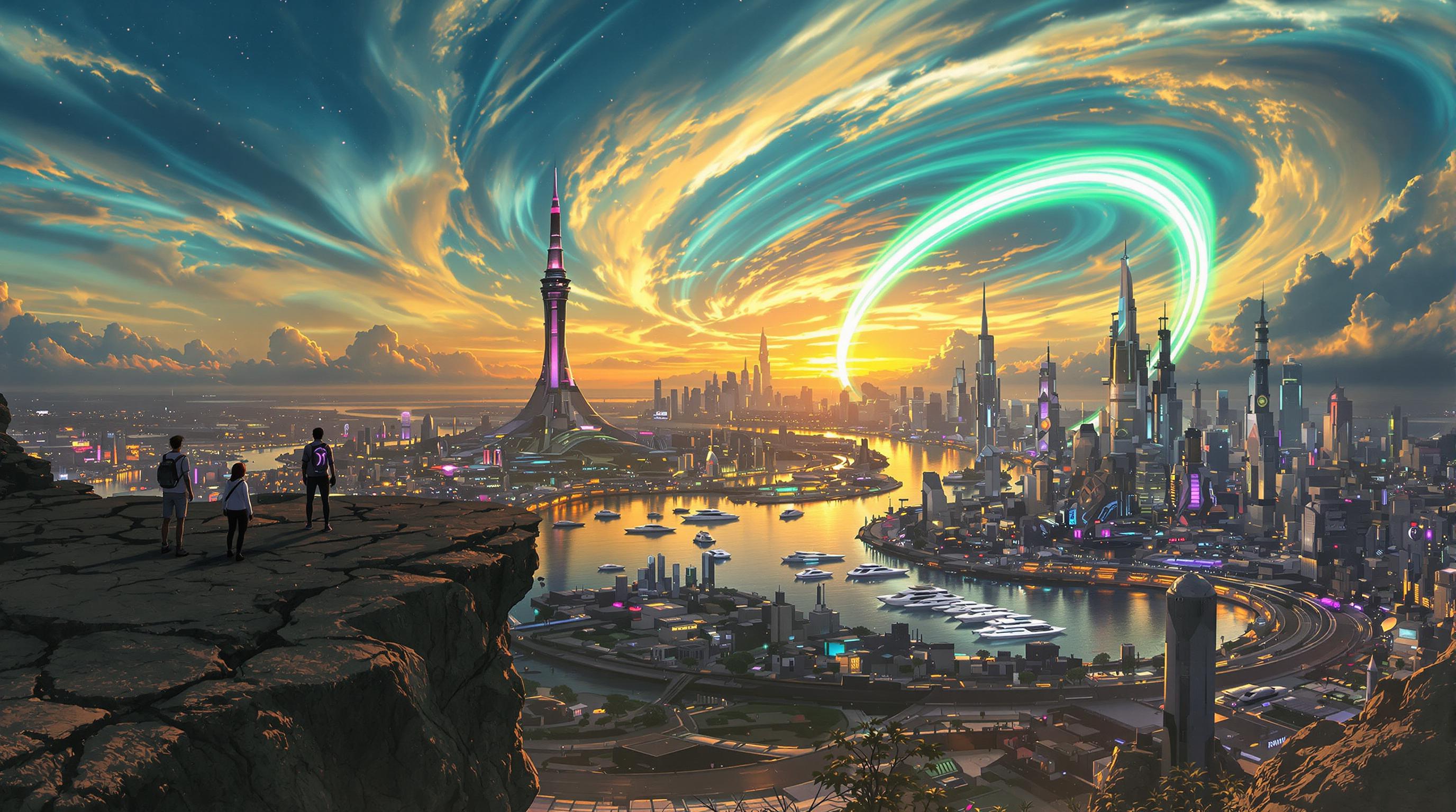 A breathtaking futuristic cityscape at twilight, viewed from a high rocky cliff in the foreground where silhouetted figures stand gazing at the scene, including a few people in casual attire with subtle glowing elements on their clothing, the cliff edge cracked and textured with small rocks and sparse vegetation. Below, a wide reflective river or canal winds through the sprawling metropolis, dotted with sleek, illuminated boats and yachts gliding on the golden-hued water that mirrors the vibrant sunset. The city features towering spires and skyscrapers in a cyberpunk style, with the central tallest tower piercing the sky like a needle, adorned with neon lights in purples, blues, and pinks, surrounded by clusters of high-tech buildings, bridges, and hovering vehicles emitting soft glows. The sky is a dramatic expanse of swirling clouds in deep blues and indigos transitioning to fiery oranges and yellows at the horizon, with a massive curved planetary ring or aurora-like arc glowing in teal and green, arching across the heavens and casting ethereal light. Stars twinkle faintly amid the cosmic nebula effects, evoking a sense of wonder and vastness. Rendered in highly detailed digital art style inspired by anime and sci-fi illustrations, similar to Makoto Shinkai or Studio Ghibli with enhanced realism, using vibrant color palette of cool blues contrasting warm sunset golds, high dynamic range lighting, intricate textures on architecture and water ripples, atmospheric depth with subtle fog and light blooms, ultra-high resolution, cinematic composition with a slight fisheye lens distortion for immersion.