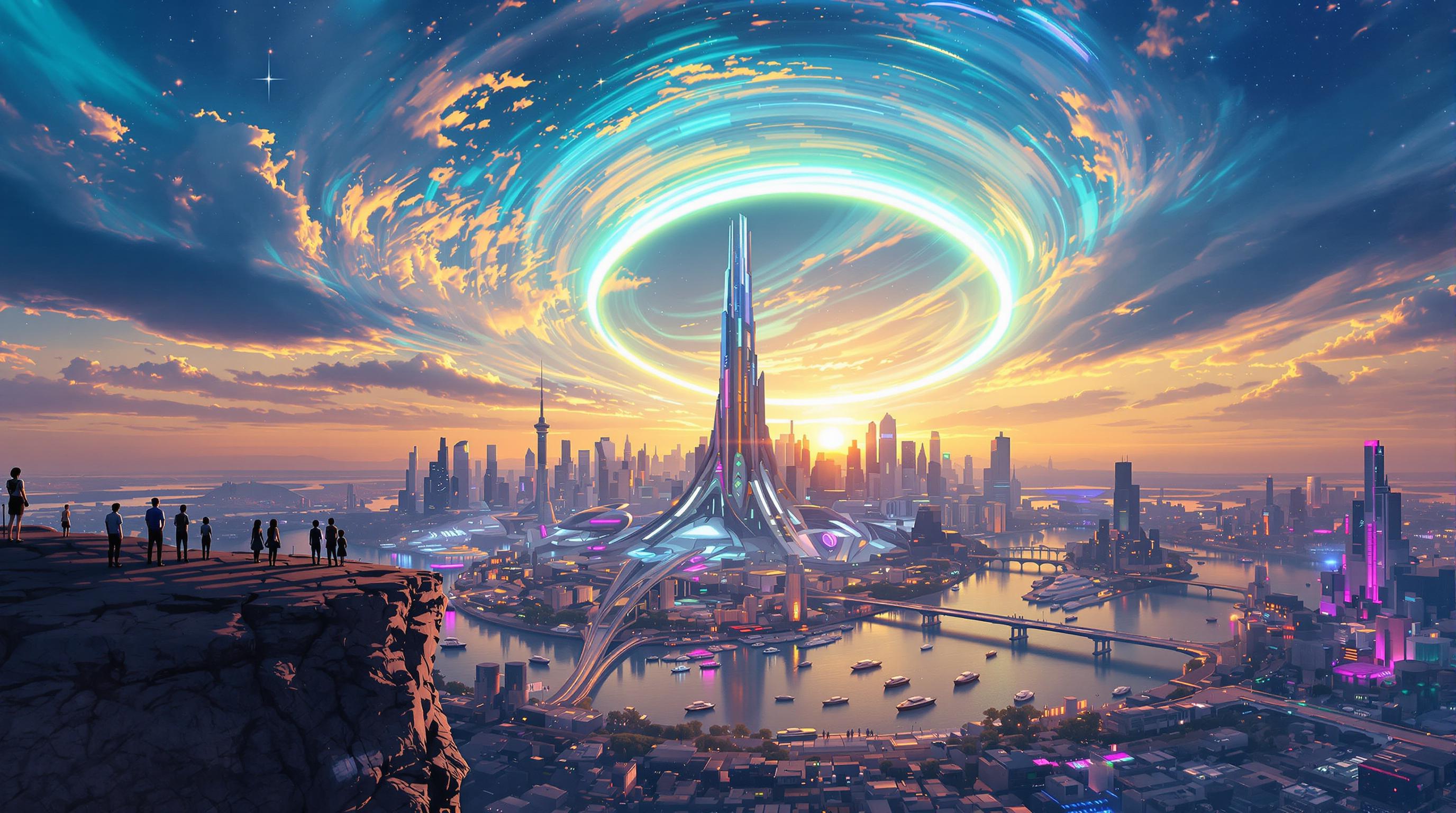 A breathtaking futuristic cityscape at twilight, viewed from a high rocky cliff in the foreground where silhouetted figures stand gazing at the scene, including a few people in casual attire with subtle glowing elements on their clothing, the cliff edge cracked and textured with small rocks and sparse vegetation. Below, a wide reflective river or canal winds through the sprawling metropolis, dotted with sleek, illuminated boats and yachts gliding on the golden-hued water that mirrors the vibrant sunset. The city features towering spires and skyscrapers in a cyberpunk style, with the central tallest tower piercing the sky like a needle, adorned with neon lights in purples, blues, and pinks, surrounded by clusters of high-tech buildings, bridges, and hovering vehicles emitting soft glows. The sky is a dramatic expanse of swirling clouds in deep blues and indigos transitioning to fiery oranges and yellows at the horizon, with a massive curved planetary ring or aurora-like arc glowing in teal and green, arching across the heavens and casting ethereal light. Stars twinkle faintly amid the cosmic nebula effects, evoking a sense of wonder and vastness. Rendered in highly detailed digital art style inspired by anime and sci-fi illustrations, similar to Makoto Shinkai or Studio Ghibli with enhanced realism, using vibrant color palette of cool blues contrasting warm sunset golds, high dynamic range lighting, intricate textures on architecture and water ripples, atmospheric depth with subtle fog and light blooms, ultra-high resolution, cinematic composition with a slight fisheye lens distortion for immersion.