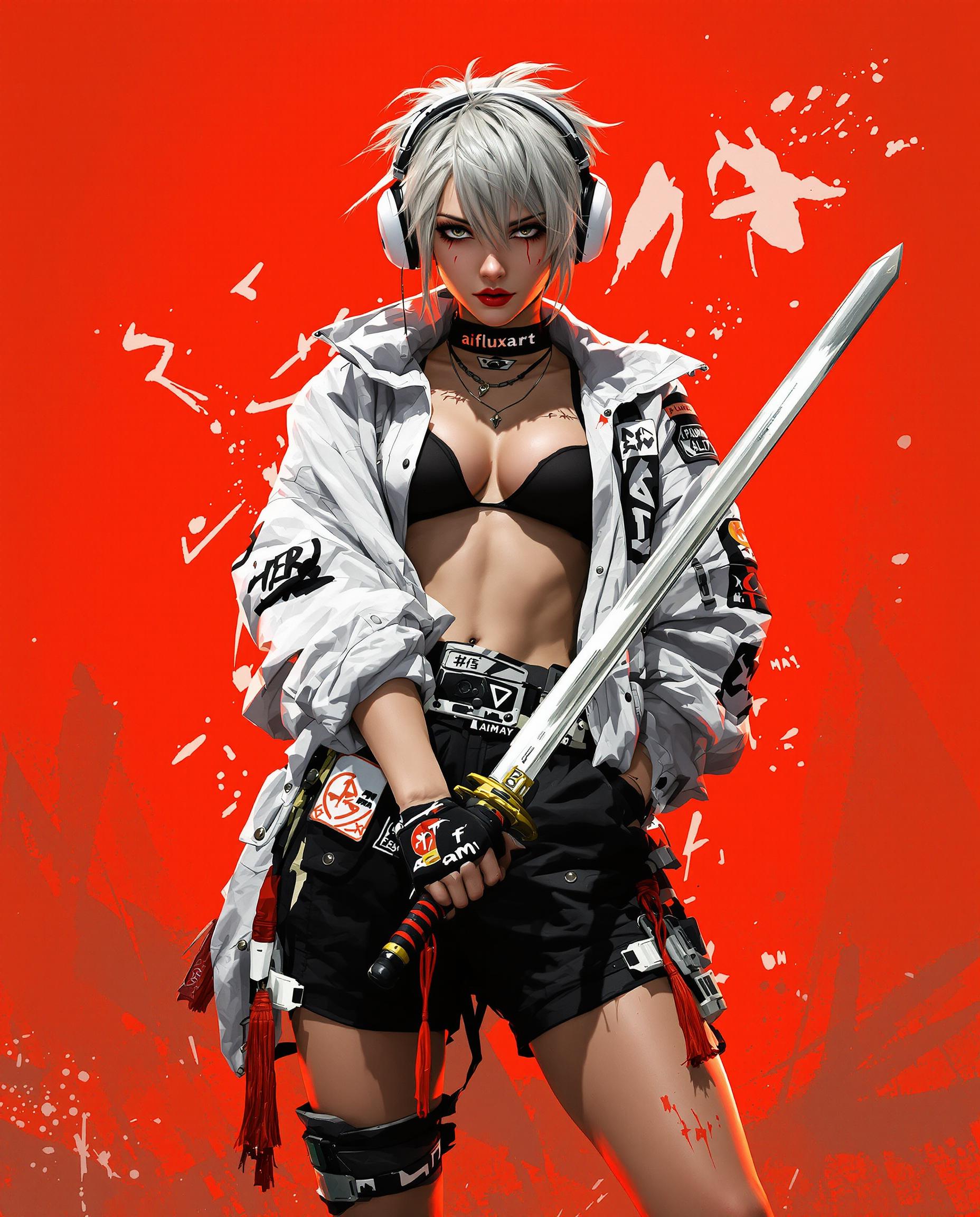 A highly detailed digital illustration in a dynamic realistic photo (photograph) of a female real person cyberpunk style, featuring a fierce young woman with short, tousled silver-white hair with dark roots, sharp black eyes, and a determined expression. She wears oversized white headphones on her head, a loose white jacket with bold black graffiti-style text and patches like "aifluxart" and logos, draped off one shoulder, paired with high-waisted black shorts adorned with printed designs, a utility belt with pouches and straps, fingerless black gloves, and chunky white sneakers with black accents and red socks. She confidently poses in a three-quarter view, standing with legs apart, holding two gleaming katana swords crossed in front of her—one in each hand, with red tassels on the hilts and subtle blood-like stains on the blades. The background is a vibrant solid orange-red with abstract white paint splatters and brush strokes for a dramatic, energetic effect. Rendered in high-contrast digital painting medium with sharp linework, soft shading, dramatic lighting from the side casting long shadows, and a cool-toned color palette dominated by reds, whites, and blacks, evoking a sense of urban rebellion and intensity, ultra-high resolution, intricate details on fabrics and metal textures, cinematic composition.
