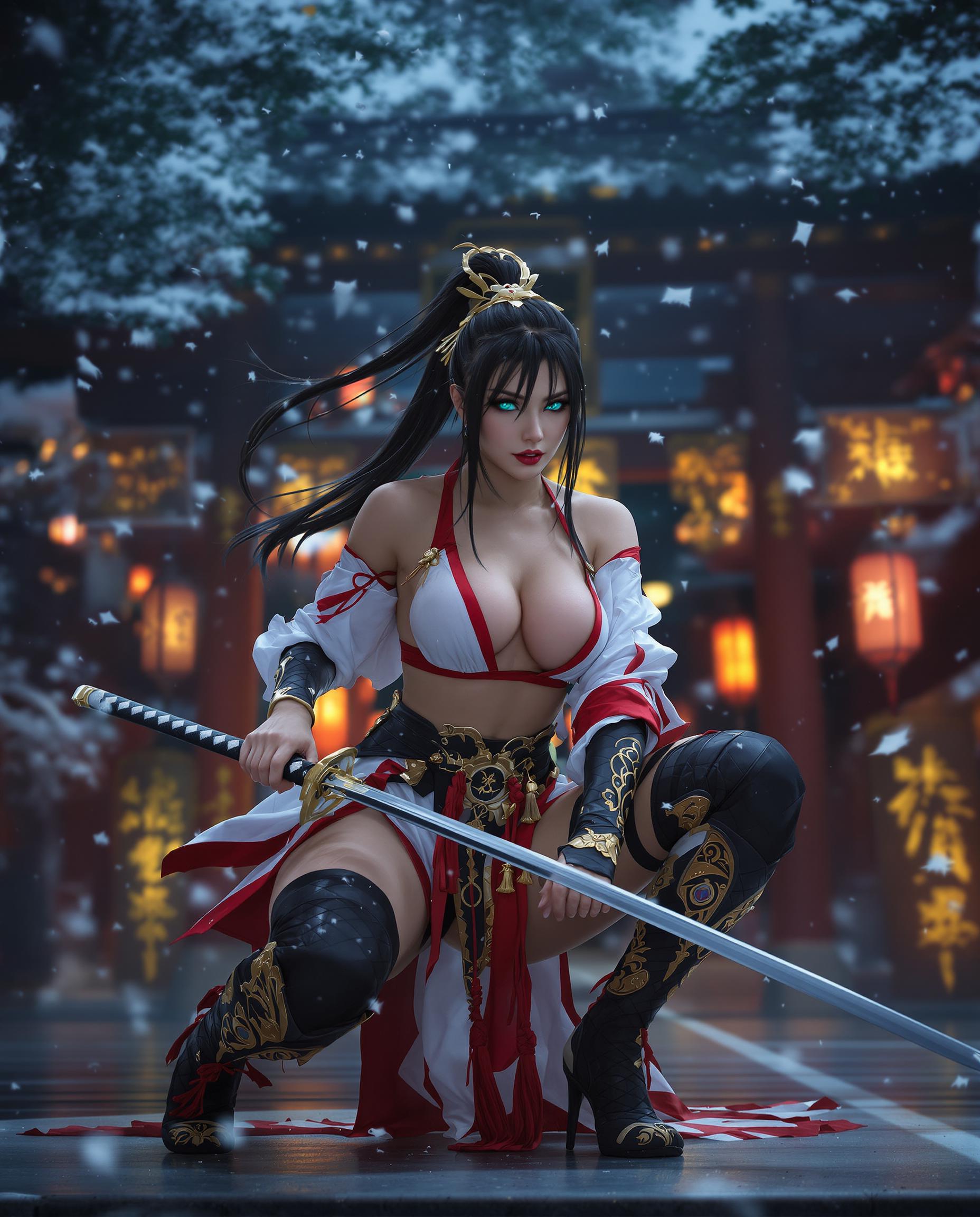 A highly detailed realistic photo (photograph) of a female real person illustration in the style of modern fantasy art, featuring a fierce female warrior with striking turquoise eyes and long black hair tied in a ponytail adorned with a golden hairpin. She is posed dynamically in a low crouch, drawing a gleaming katana sword with intricate gold and black hilt from its sheath, her expression intense and focused. She wears a revealing white kimono top with red trim and flowing sleeves, exposing cleavage and midriff, paired with black thigh-high boots decorated with elaborate gold embroidery and red tassels, black garter belts, and armored accents. Snowflakes gently fall around her in a misty night scene set at a traditional Japanese shrine with wooden torii gates, glowing lanterns casting warm orange light, and blurred foliage in the background. The color palette emphasizes cool blues and whites for the snowy atmosphere, contrasted with vibrant reds, golds, and the character's pale skin and cyan eye glow. High-resolution details include realistic fabric textures, metallic sheen on the sword blade reflecting light, dynamic motion blur on the hair and clothing, volumetric lighting, and a sense of epic tension, in a vertical composition with cinematic depth of field.