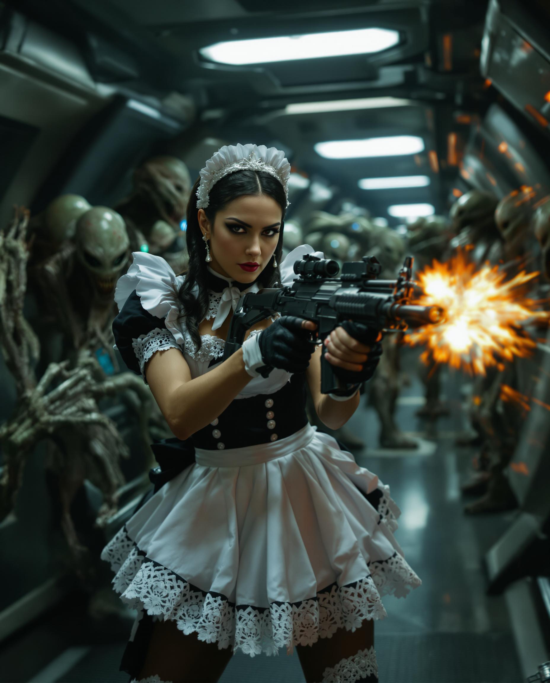 A highly detailed, photorealistic DSLR photograph of a fierce young woman with realistic features, dressed in a classic black-and-white French maid costume with lace accents, dynamically wielding an MP5 submachine gun as she battles grotesque alien invaders in a dimly lit spaceship corridor, captured with a 50mm lens, shallow depth of field, cinematic volumetric lighting, and ultra-sharp 8K resolution.