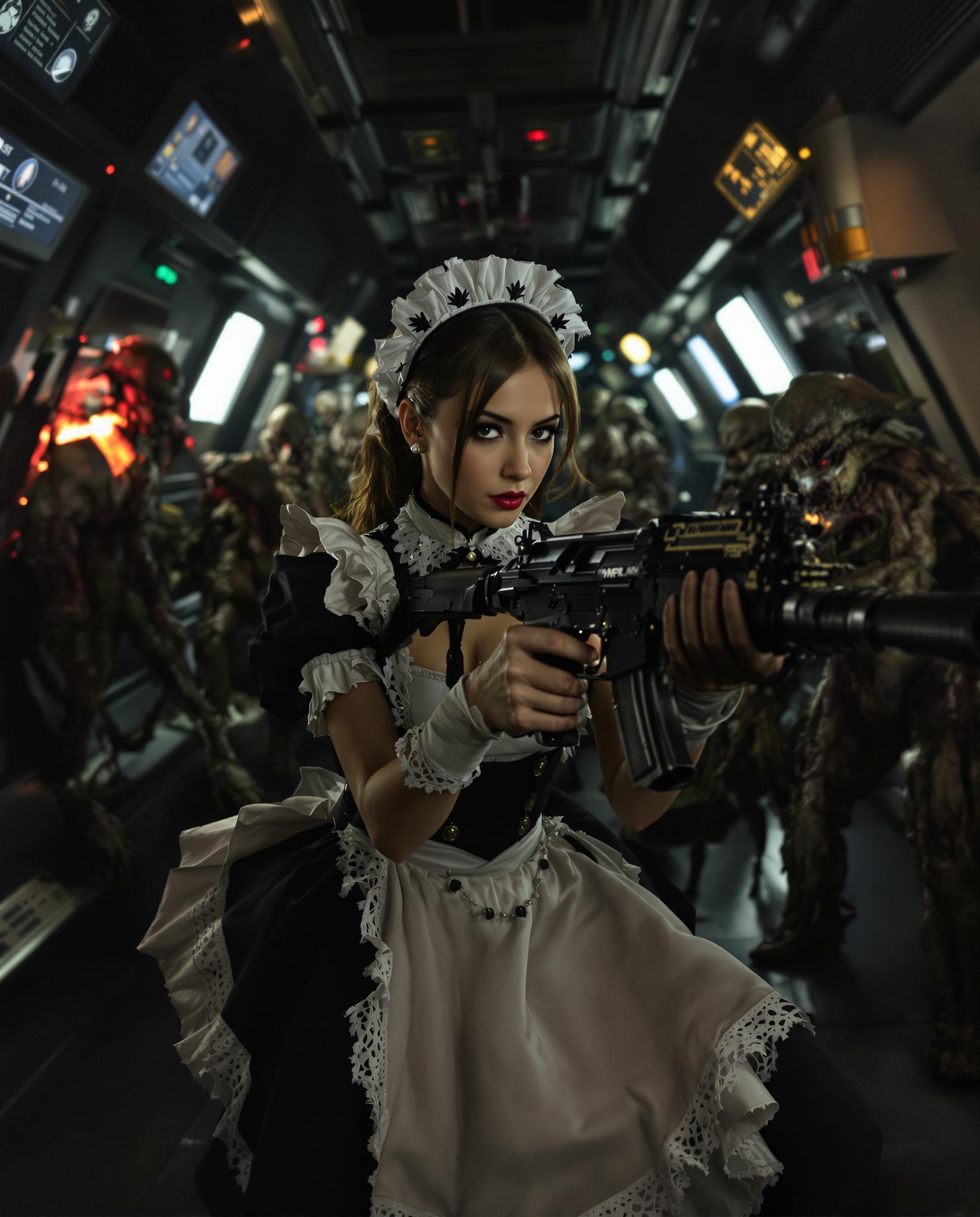 A highly detailed, photorealistic DSLR photograph of a fierce young woman with realistic features, dressed in a classic black-and-white French maid costume with lace accents, dynamically wielding an MP5 submachine gun as she battles grotesque alien invaders in a dimly lit spaceship corridor, captured with a 50mm lens, shallow depth of field, cinematic volumetric lighting, and ultra-sharp 8K resolution.