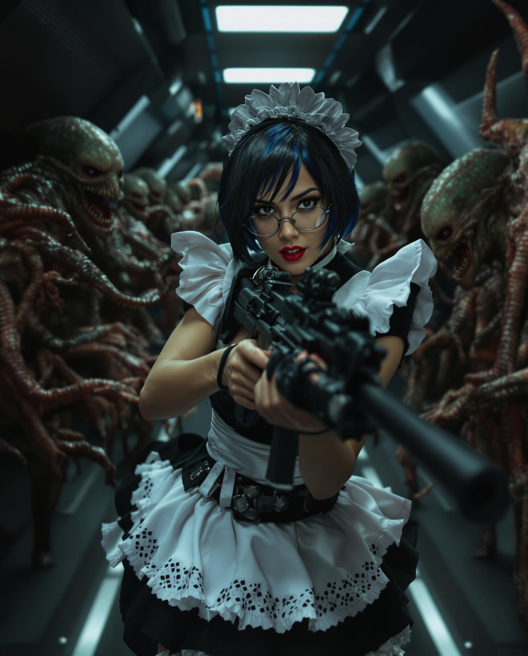 A highly detailed, photorealistic DSLR photograph of a fierce young woman with realistic features with short black hair and dark blue highlights wearing glasses, dressed in a classic black-and-white French maid costume with lace accents, dynamically wielding an MP5 submachine gun as she battles grotesque alien invaders in a dimly lit spaceship corridor, captured with a 50mm lens, shallow depth of field, cinematic volumetric lighting, and ultra-sharp 8K resolution.