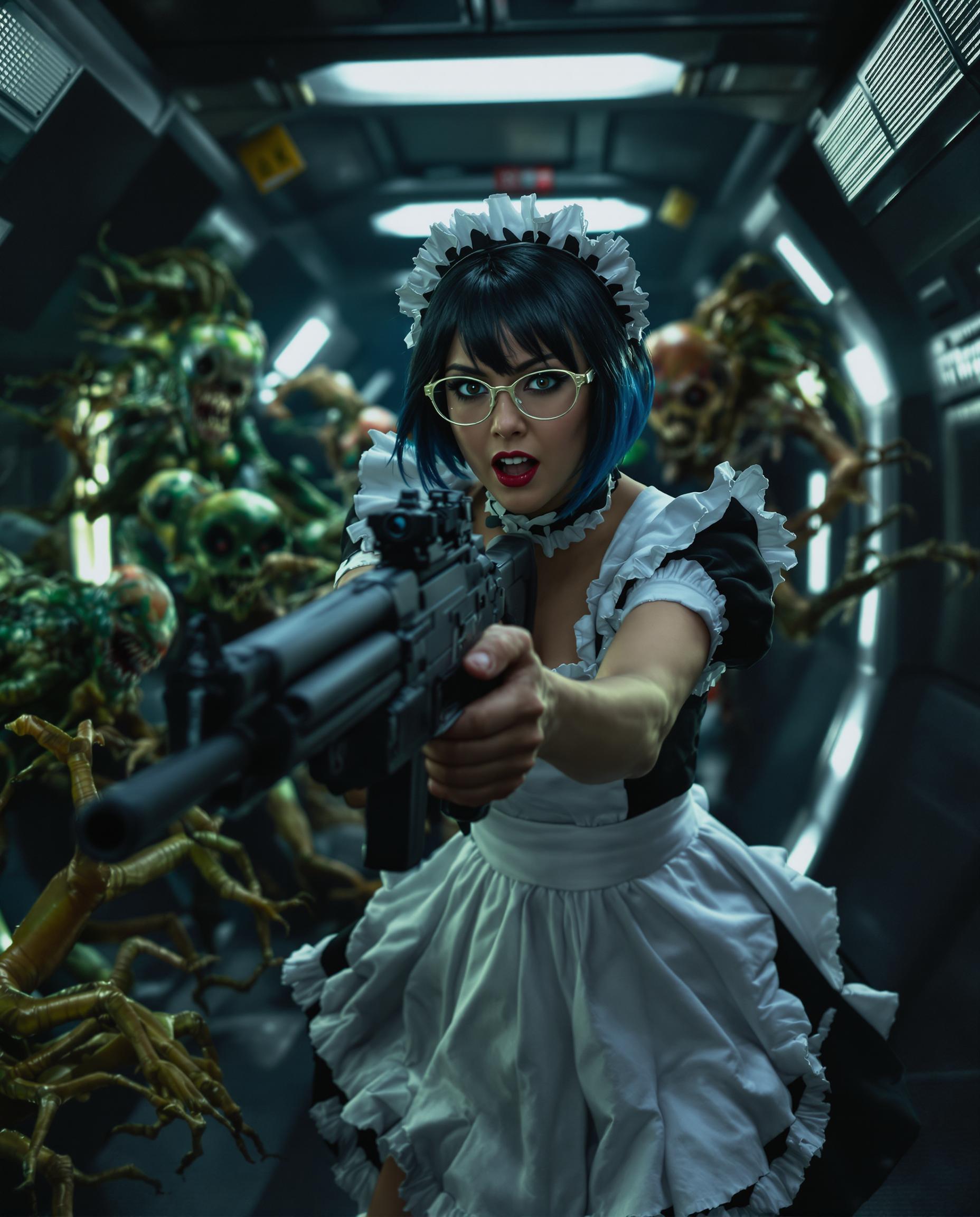 A highly detailed, photorealistic DSLR photograph of a fierce young woman with realistic features with short black hair and dark blue highlights wearing glasses, dressed in a classic black-and-white French maid costume with lace accents, dynamically wielding an MP5 submachine gun as she battles grotesque alien invaders in a dimly lit spaceship corridor, captured with a 50mm lens, shallow depth of field, cinematic volumetric lighting, and ultra-sharp 8K resolution.