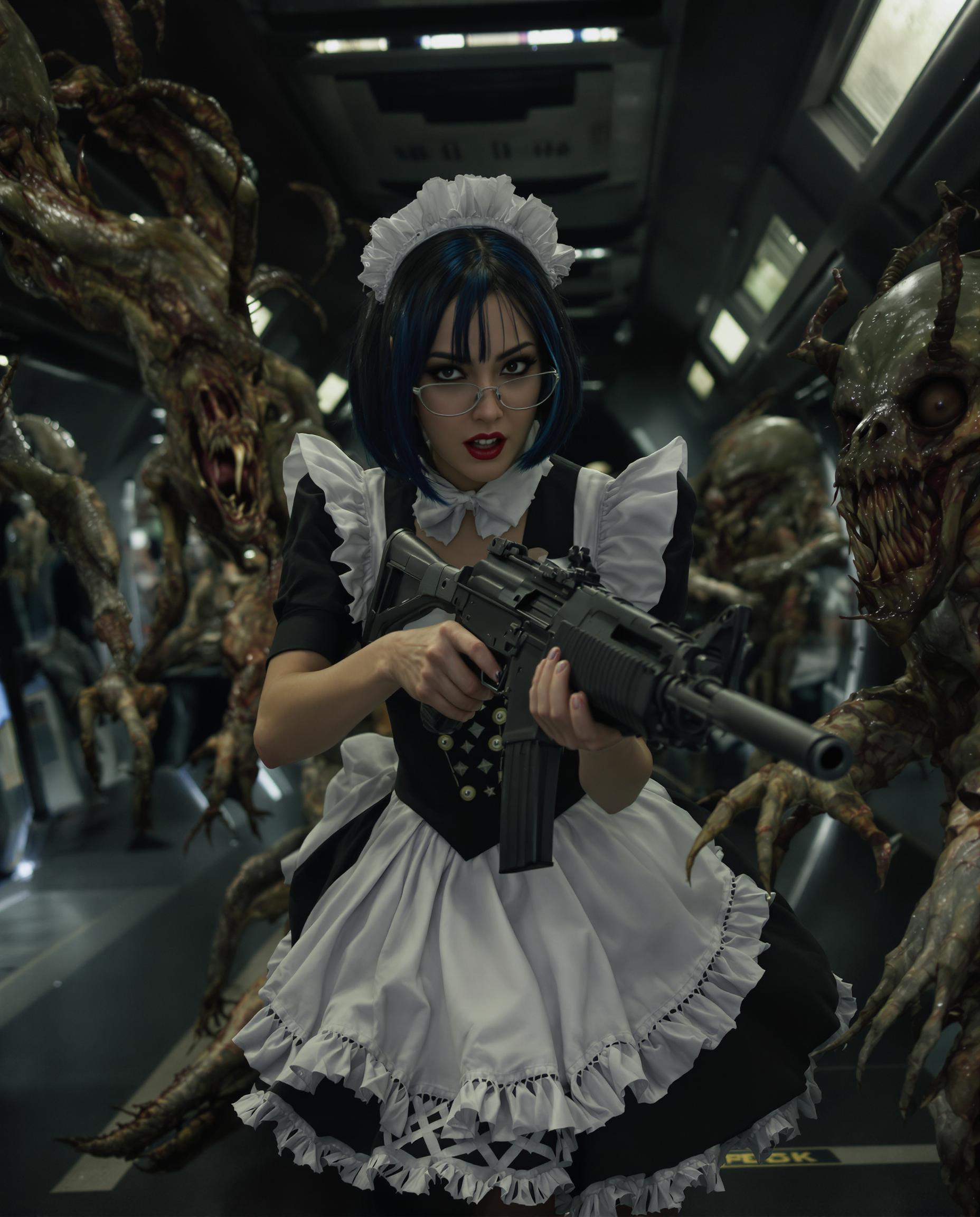 A highly detailed, photorealistic DSLR photograph of a fierce young woman with realistic features with short black hair and dark blue highlights wearing glasses, dressed in a classic black-and-white French maid costume with lace accents, dynamically wielding an MP5 submachine gun as she battles grotesque alien invaders in a dimly lit spaceship corridor, captured with a 50mm lens, shallow depth of field, cinematic volumetric lighting, and ultra-sharp 8K resolution.
