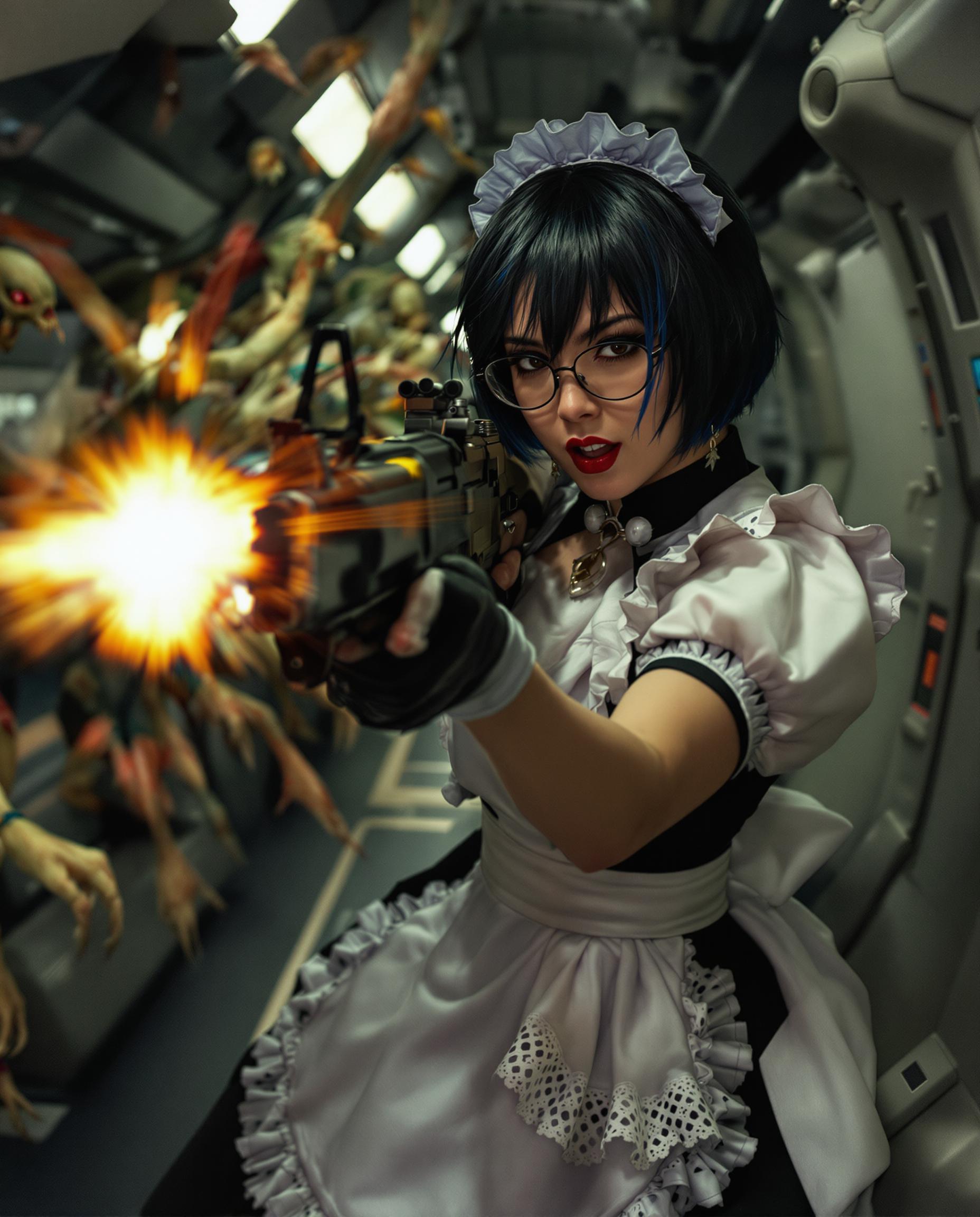A highly detailed, photorealistic DSLR photograph of a fierce young woman with realistic features with short black hair and dark blue highlights wearing glasses, dressed in a classic black-and-white French maid costume with lace accents, dynamically wielding an MP5 submachine gun as she battles grotesque alien invaders in a dimly lit spaceship corridor, captured with a 50mm lens, shallow depth of field, cinematic volumetric lighting, and ultra-sharp 8K resolution.