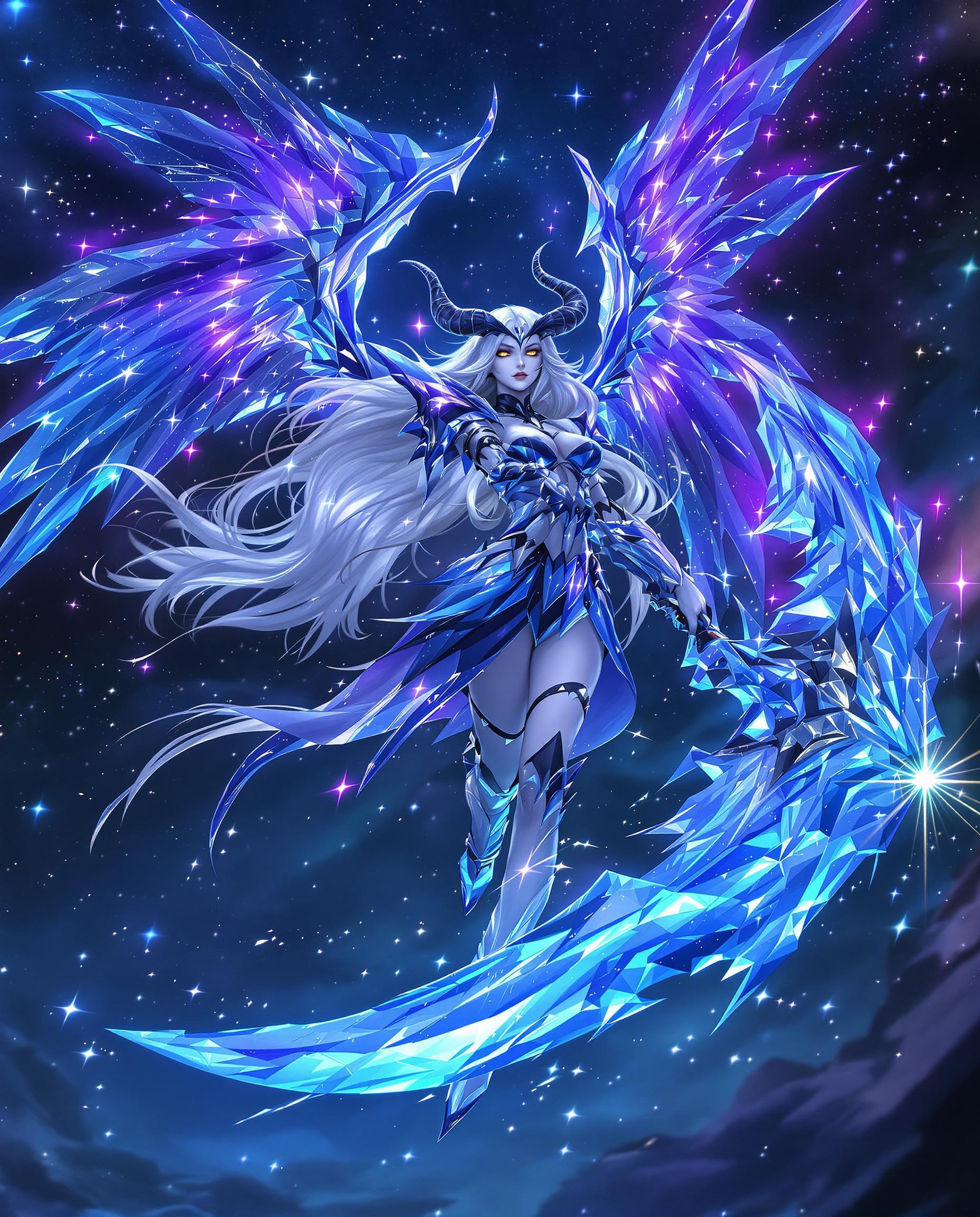 A stunning realistic photo (photograph) of a female real person in a fantasy style, featuring a ethereal female demon-angel hybrid character with long flowing silver-white hair cascading down her back, sharp curved black horns protruding from her head, and large crystalline ice wings glowing with blue and purple luminescence extending from her back. She has piercing yellow eyes with a determined expression, pale skin, and is clad in intricate crystalline armor in shades of deep blue and indigo, adorned with glowing crystal shards and starry sparkles. The armor includes a form-fitting bodice with black accents, a short flared skirt with crystalline edges, thigh-high armored boots with garter straps, and gauntlets. She dynamically poses mid-action, wielding a massive oversized crystalline scythe or halberd made of shimmering blue ice crystals, emitting radiant purple and blue energy beams and particle effects that trail from the blade. The background is a vast dark starry night sky filled with floating ice shards, sparkling snowflakes, and ethereal glows in hues of navy blue, violet, and cyan, creating a magical and intense atmosphere. Highly detailed with sharp linework, vibrant glowing effects, high contrast, and a sense of motion, rendered in ultra-high resolution with dynamic lighting and particle effects for an epic, otherworldly vibe.