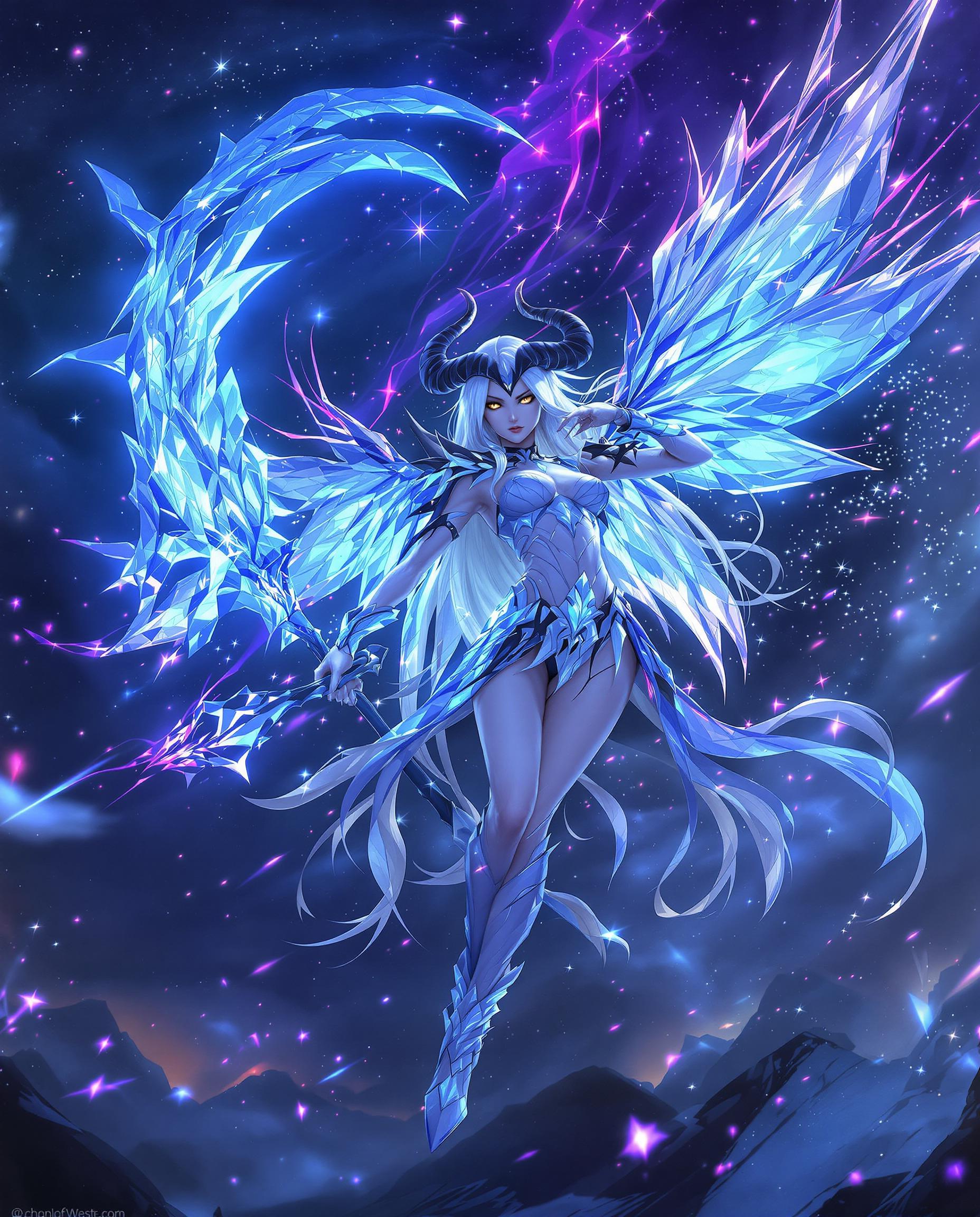 A stunning realistic photo (photograph) of a female real person in a fantasy style, featuring a ethereal female demon-angel hybrid character with long flowing silver-white hair cascading down her back, sharp curved black horns protruding from her head, and large crystalline ice wings glowing with blue and purple luminescence extending from her back. She has piercing yellow eyes with a determined expression, pale skin, and is clad in intricate crystalline armor in shades of deep blue and indigo, adorned with glowing crystal shards and starry sparkles. The armor includes a form-fitting bodice with black accents, a short flared skirt with crystalline edges, thigh-high armored boots with garter straps, and gauntlets. She dynamically poses mid-action, wielding a massive oversized crystalline scythe or halberd made of shimmering blue ice crystals, emitting radiant purple and blue energy beams and particle effects that trail from the blade. The background is a vast dark starry night sky filled with floating ice shards, sparkling snowflakes, and ethereal glows in hues of navy blue, violet, and cyan, creating a magical and intense atmosphere. Highly detailed with sharp linework, vibrant glowing effects, high contrast, and a sense of motion, rendered in ultra-high resolution with dynamic lighting and particle effects for an epic, otherworldly vibe.