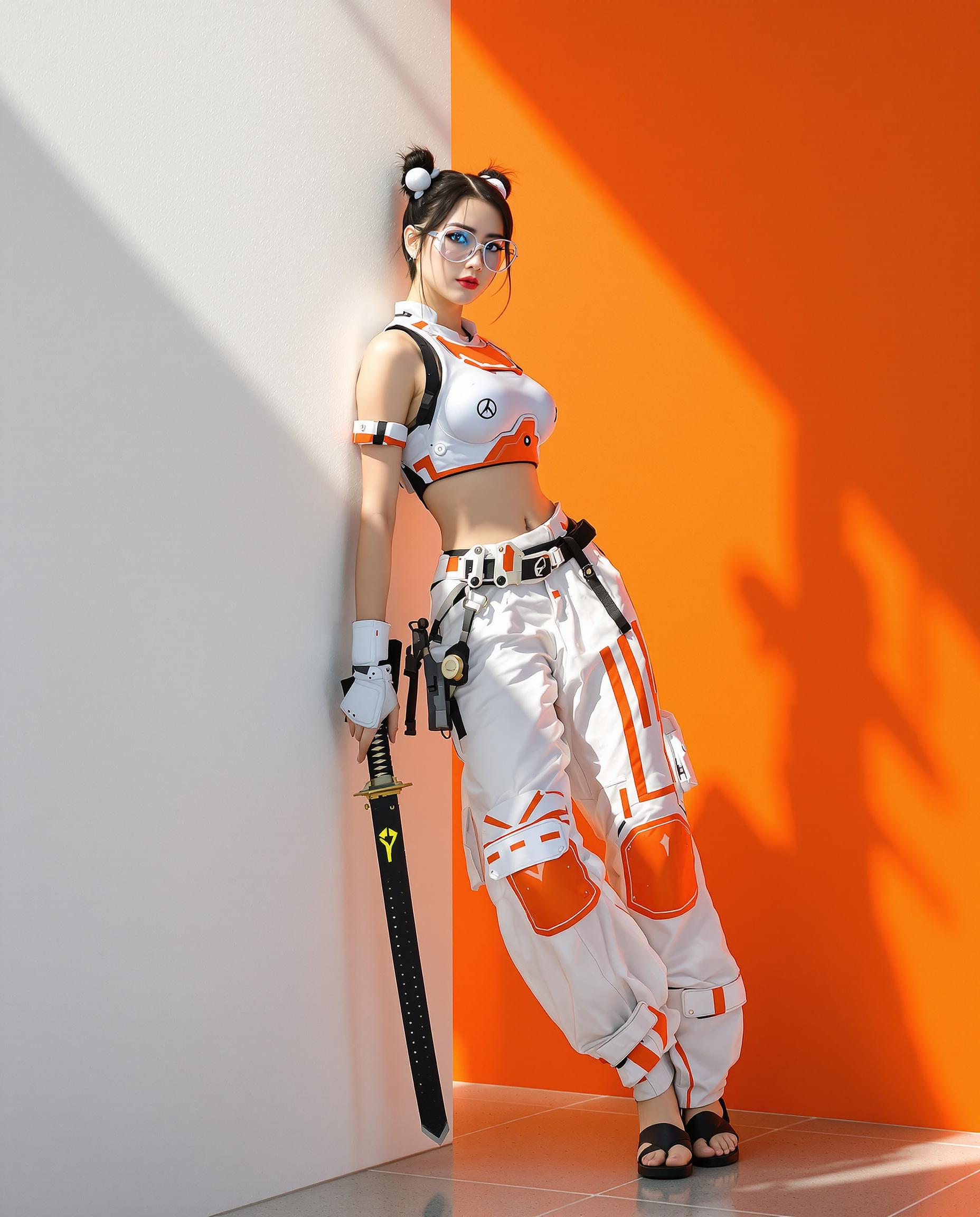 A highly detailed realistic photo (photograph) of a female real person, blending cyberpunk and traditional Japanese elements, rendered with realistic lighting and sharp, photorealistic textures . The central subject is a confident young woman with fair skin, sharp facial features, black hair styled in twin buns adorned with white spherical hair ties, wearing slim black-rimmed glasses that reflect subtle light. She poses dynamically, leaning casually against a stark white wall with her right arm bent and left hand gripping a sleek katana sheathed in a black scabbard, the blade partially drawn to reveal a gleaming edge. Her outfit is a form-fitting white armored crop top with orange accents and glowing panel details, exposing her midriff, paired with loose, flowing white hakama-style pants featuring orange stripes, utility pockets, and reinforced knee pads, cinched at the ankles over simple black sandals. The background is a minimalist split-color environment: a bright white wall on the left casting soft shadows, abruptly meeting a vibrant orange wall on the right, with dramatic sunlight streaming from the top-left, creating high-contrast highlights and long shadows on the floor. Emphasize intricate details like metallic sheen on armor, fabric folds in the pants, subtle cybernetic implants on her skin, and a sense of poised readiness, in a vibrant color palette dominated by whites, oranges, blacks, and metallic silvers, with ultra-high resolution, 8K quality, and cinematic composition.