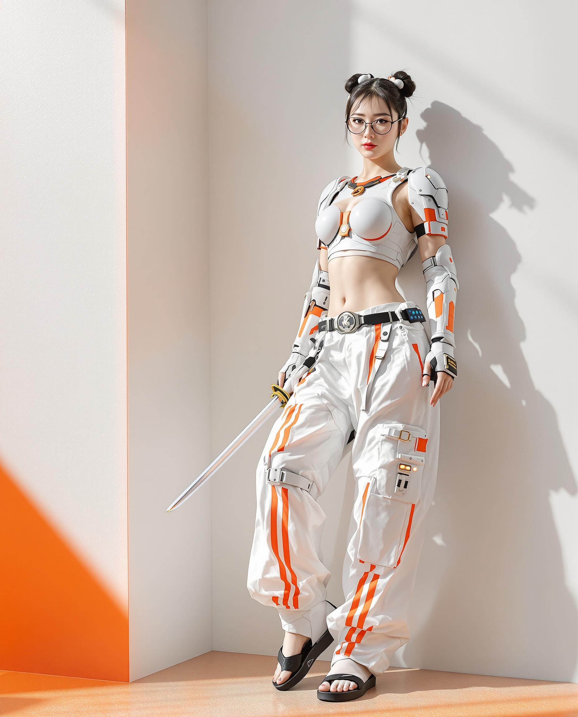 A highly detailed realistic photo (photograph) of a female real person, blending cyberpunk and traditional Japanese elements, rendered with realistic lighting and sharp, photorealistic textures . The central subject is a confident young woman with fair skin, sharp facial features, black hair styled in twin buns adorned with white spherical hair ties, wearing slim black-rimmed glasses that reflect subtle light. She poses dynamically, leaning casually against a stark white wall with her right arm bent and left hand gripping a sleek katana sheathed in a black scabbard, the blade partially drawn to reveal a gleaming edge. Her outfit is a form-fitting white armored crop top with orange accents and glowing panel details, exposing her midriff, paired with loose, flowing white hakama-style pants featuring orange stripes, utility pockets, and reinforced knee pads, cinched at the ankles over simple black sandals. The background is a minimalist split-color environment: a bright white wall on the left casting soft shadows, abruptly meeting a vibrant orange wall on the right, with dramatic sunlight streaming from the top-left, creating high-contrast highlights and long shadows on the floor. Emphasize intricate details like metallic sheen on armor, fabric folds in the pants, subtle cybernetic implants on her skin, and a sense of poised readiness, in a vibrant color palette dominated by whites, oranges, blacks, and metallic silvers, with ultra-high resolution, 8K quality, and cinematic composition.