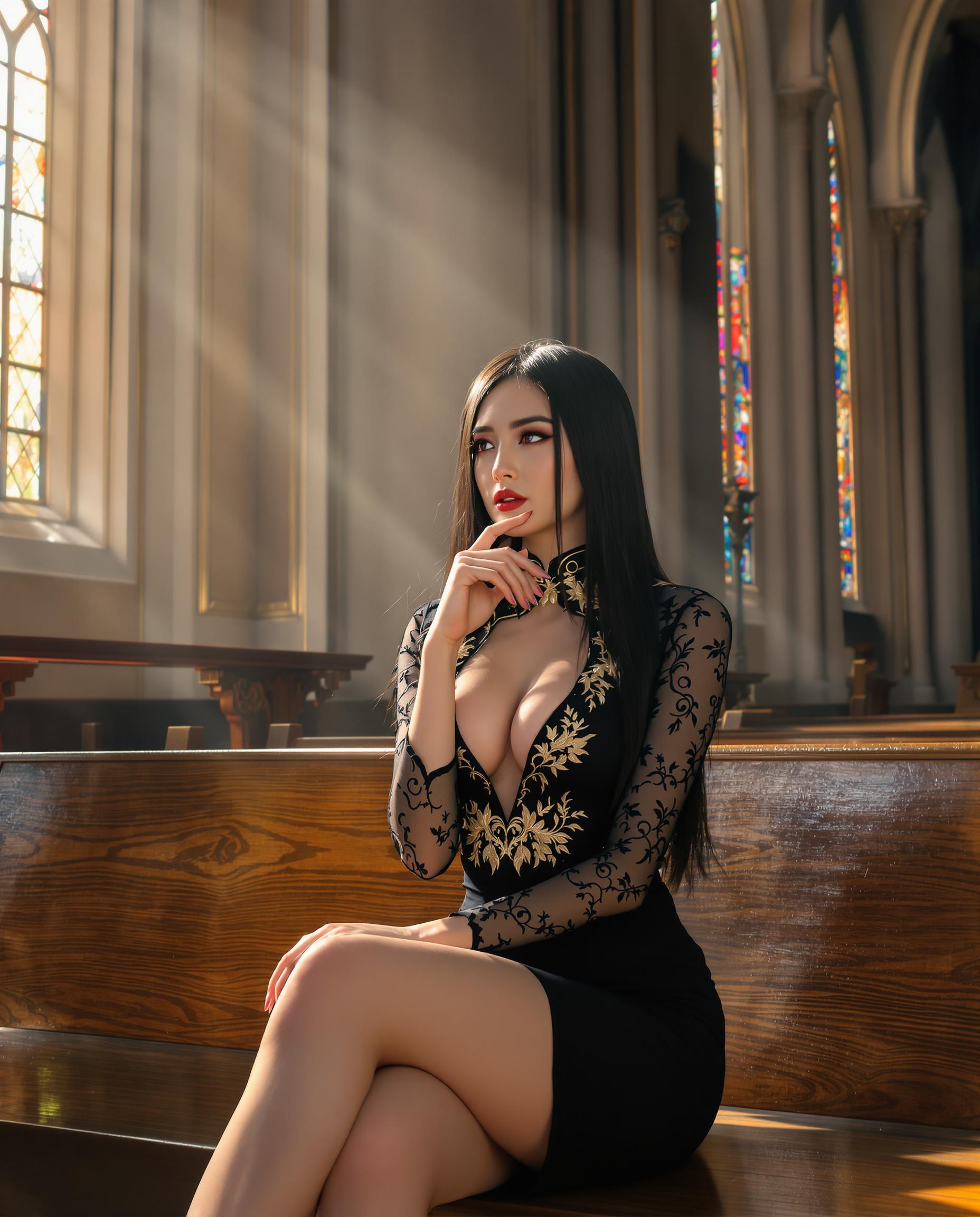 A highly detailed digital realistic photo (photograph) of a female real person in the style of modern fantasy art,  featuring a beautiful young woman with long straight black hair cascading down her back, sharp red eyes with a piercing gaze, fair skin, and a subtle seductive expression as she sits thoughtfully on a wooden church pew. She wears a form-fitting black cheongsam-style dress with sheer black lace sleeves, a high collar adorned with gold embroidery, deep V-neckline accentuating her ample bosom, and the dress hugging her curvaceous figure down to mid-thigh, with one leg crossed over the other. Her right hand gently touches her chin in contemplation, left arm resting on the bench. The setting is an ethereal gothic cathedral interior with tall arched stained-glass windows allowing soft golden sunlight to stream in, casting warm rays and subtle godrays through the hazy atmosphere, intricate stone architecture with pointed arches and ornate details in the background. Predominant colors include deep blacks and shadows on her dress, warm amber lighting contrasting with cool blue-gray tones of the stone walls, high contrast and dramatic chiaroscuro lighting, ultra-detailed textures on fabric, hair, and wood, with a soft focus on the background to emphasize the subject, in a vertical composition, 8k resolution, masterpiece quality.