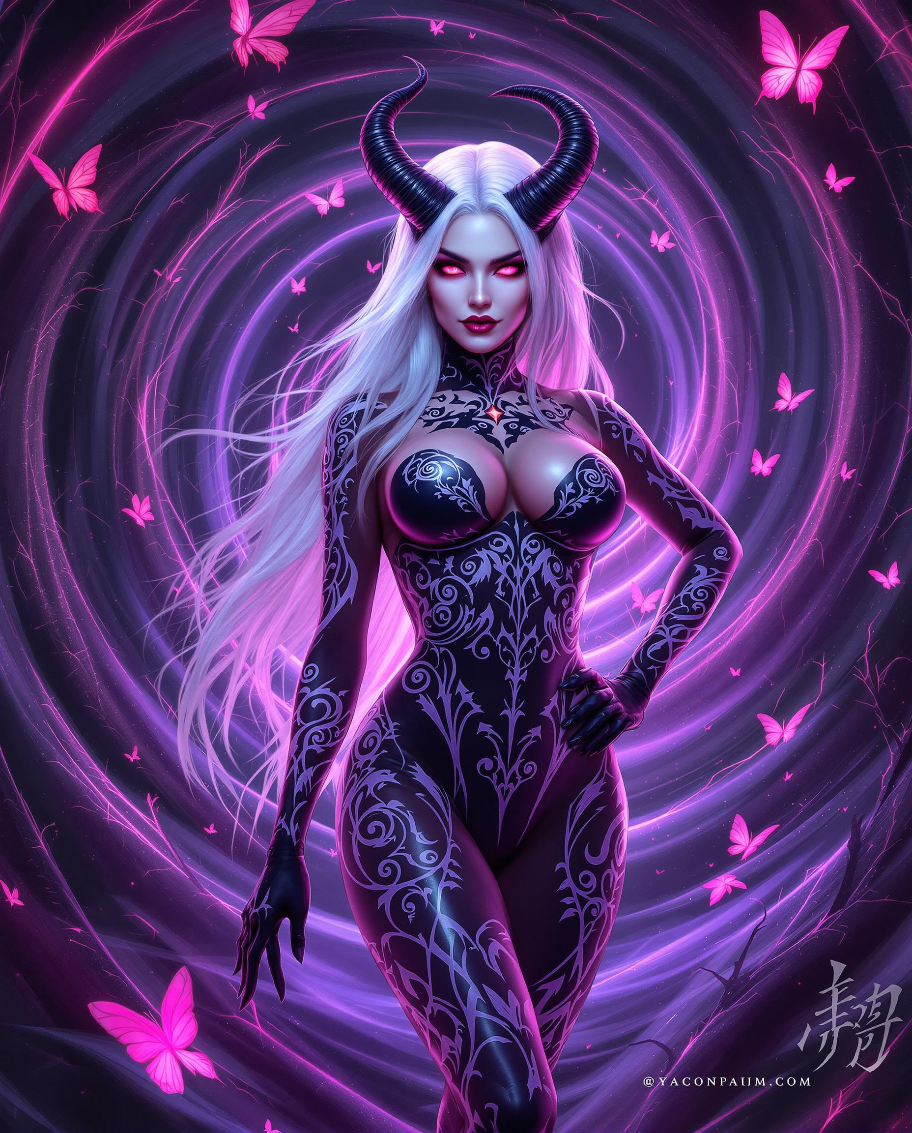 A highly detailed realistic photo (photograph) of a female real person in a vibrant fantasy style, featuring a seductive female demon character with pale skin, long flowing white hair transitioning to pink at the ends, sharp curved black horns on her head, and glowing purple eyes with a mischievous expression. She poses confidently with one hand on her hip, her body clad in a form-fitting black latex-like bodysuit adorned with intricate white swirling tattoos and runes that glow faintly in pink hues, accentuating her curvaceous figure, large breasts, and slim waist. Surrounding her is a swirling ethereal background of dark purple and black vortexes with neon pink and magenta accents, filled with floating pink butterflies and thorny vine-like patterns emerging from the edges. The overall color palette is dominated by deep blacks, vivid pinks, purples, and subtle whites, creating a mystical and alluring atmosphere. Include subtle Japanese kanji text in the lower right corner, rendered in a high-contrast, glossy digital medium with sharp lines, soft glow effects, and intricate detailing, in ultra-high resolution with dynamic lighting and a sense of otherworldly energy.