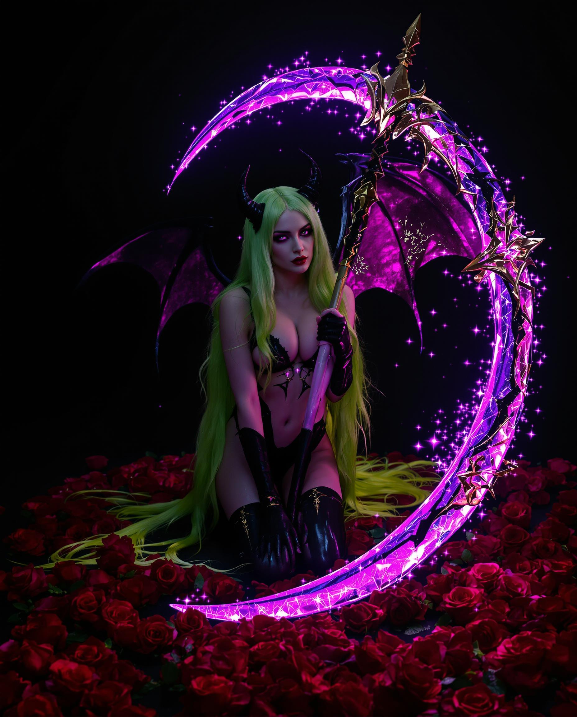 A highly detailed realistic photo (photograph) of a female real person of a seductive female demon succubus kneeling gracefully on a bed of vibrant red roses scattered across a dark, shadowy ground, her long flowing lime-green hair cascading down her back and over her shoulders, pale porcelain skin glowing ethereally, sharp purple eyes gazing downward with a mysterious allure, small curved black horns protruding from her forehead, large bat-like wings unfurled behind her with iridescent pink and purple crystalline veins shimmering like fractured gems, wearing a form-fitting black latex bodysuit with intricate gold trimmings and exposed midriff, thigh-high glossy black boots and long gloves accentuating her curvaceous figure, one hand delicately touching the ground amid the roses while the other grips a massive ornate scythe with a curved blade glowing in vivid magenta and purple hues, embedded with sparkling crystal shards and ethereal energy particles floating around it, the overall scene enveloped in a dark atmospheric void with subtle pink and red sparkles and soft volumetric lighting casting dramatic shadows, in a hyper-realistic art style high resolution, intricate details on textures like shiny latex and velvety rose petals, vibrant color palette dominated by deep blacks, crimson reds, electric purples, and neon pinks, cinematic composition with a sense of dark romance and otherworldly power.