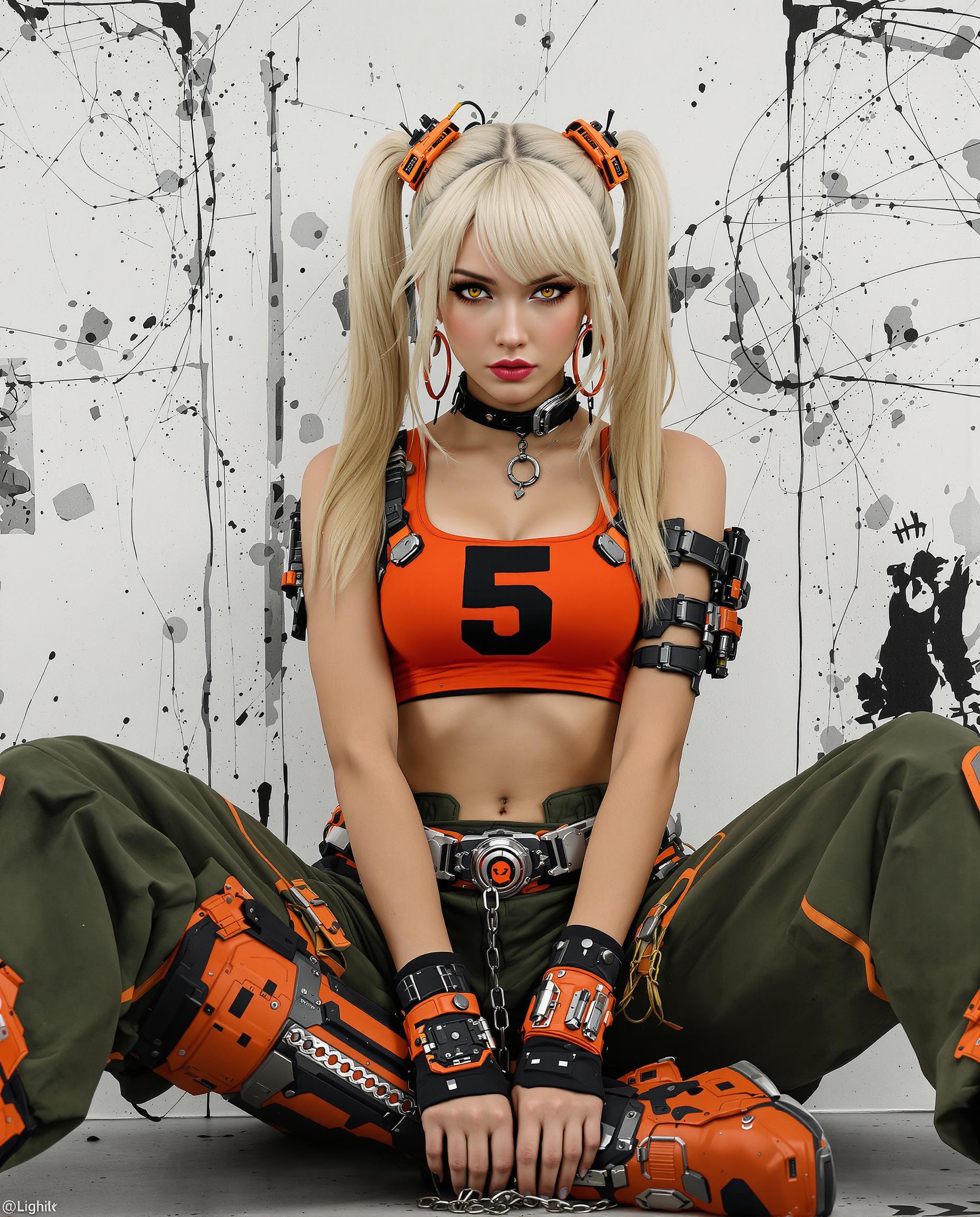 A highly detailed realistic photo (photograph) of a female real person in a cyberpunk style, featuring a young woman with pale blonde hair styled in long twin tails adorned with orange mechanical clamps and cables, her sharp yellow eyes gazing directly at the viewer with a subtle blush on her cheeks and a serious, slightly pouty expression. She has fair skin, wearing a form-fitting orange crop top with black accents and a prominent black "5" emblazoned on the chest, exposing her midriff, paired with a black choker necklace, orange hoop earrings with mechanical details, and black fingerless gloves. Her outfit includes baggy green cargo pants tucked into bulky orange and black armored boots with metallic reinforcements, knee pads, and various tech gadgets like chains and circuits integrated into her clothing. She is posed sitting on the ground with legs spread slightly, hands resting between her thighs, in a dynamic yet relaxed stance that emphasizes her athletic build and curves. The background is a gritty, abstract white canvas with chaotic black ink splatters, faint graffiti-like writings, and subtle wiring patterns, evoking a dystopian urban atmosphere. Rendered in vibrant colors with high contrast, sharp linework, soft shading, and glossy highlights on metallic elements, in the realistic style, ultra-detailed, 8k resolution, masterpiece quality.